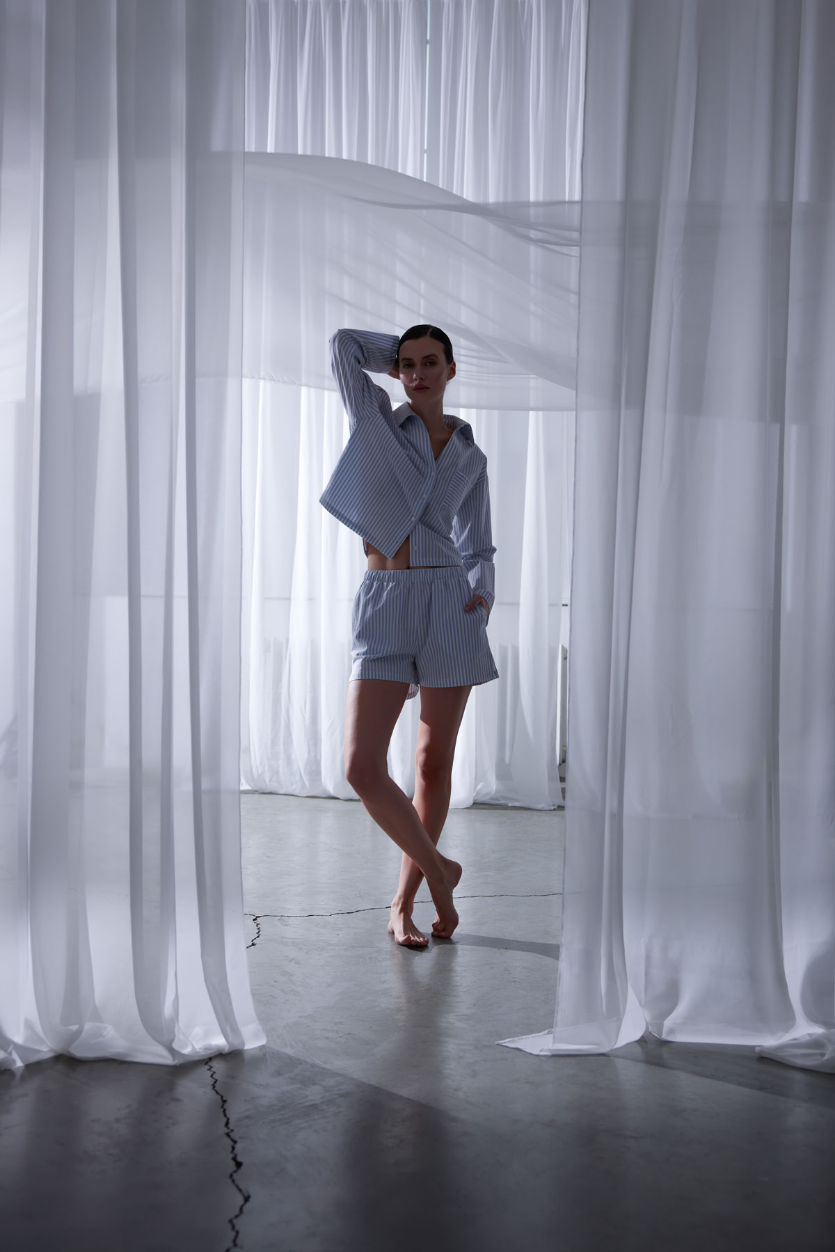 Kadın Çizgili Dokuma Uzun Kollu Gömlek Pijama Üstü	