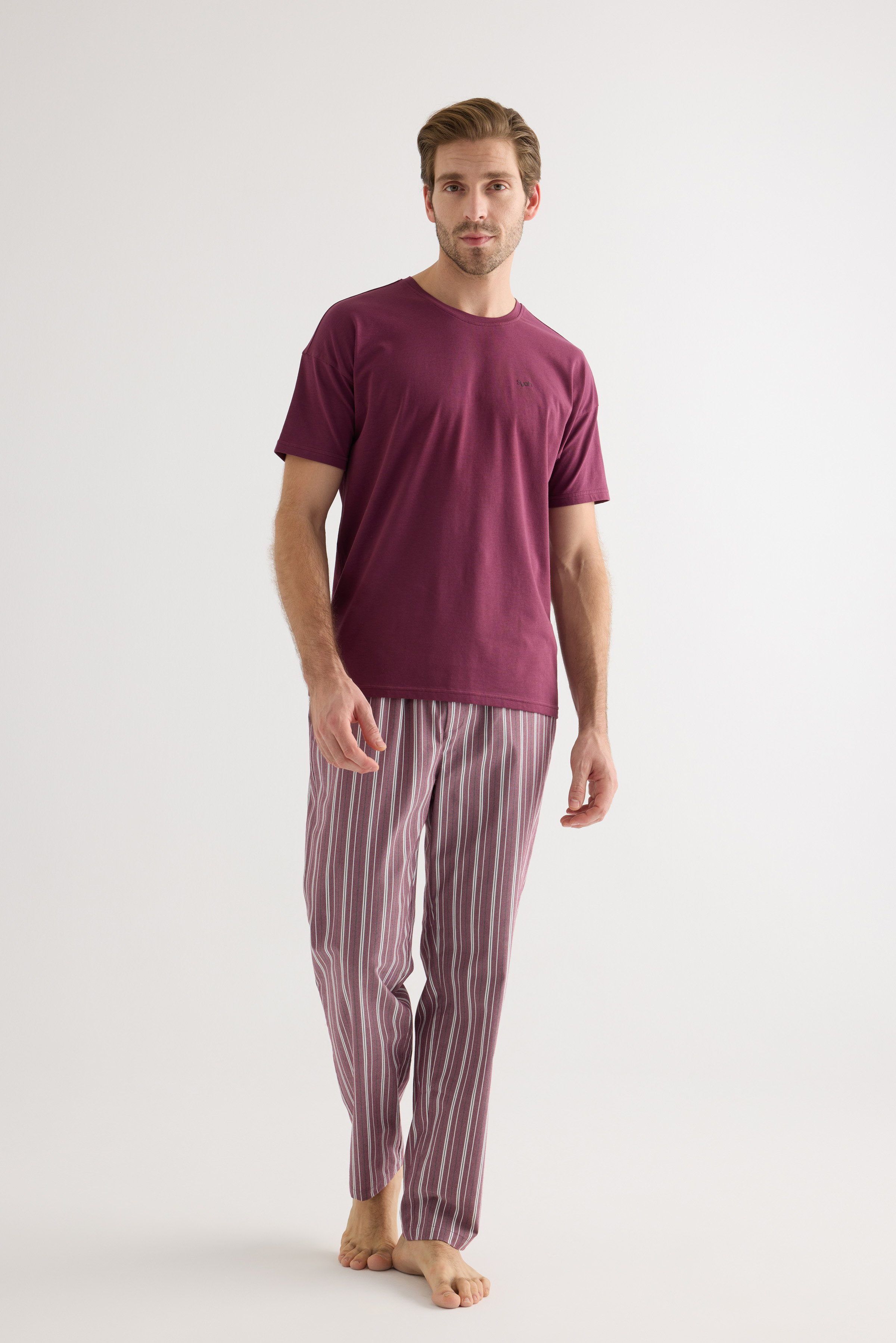 Erkek Pamuklu Kısa Kollu Uzun Pijama Takımı