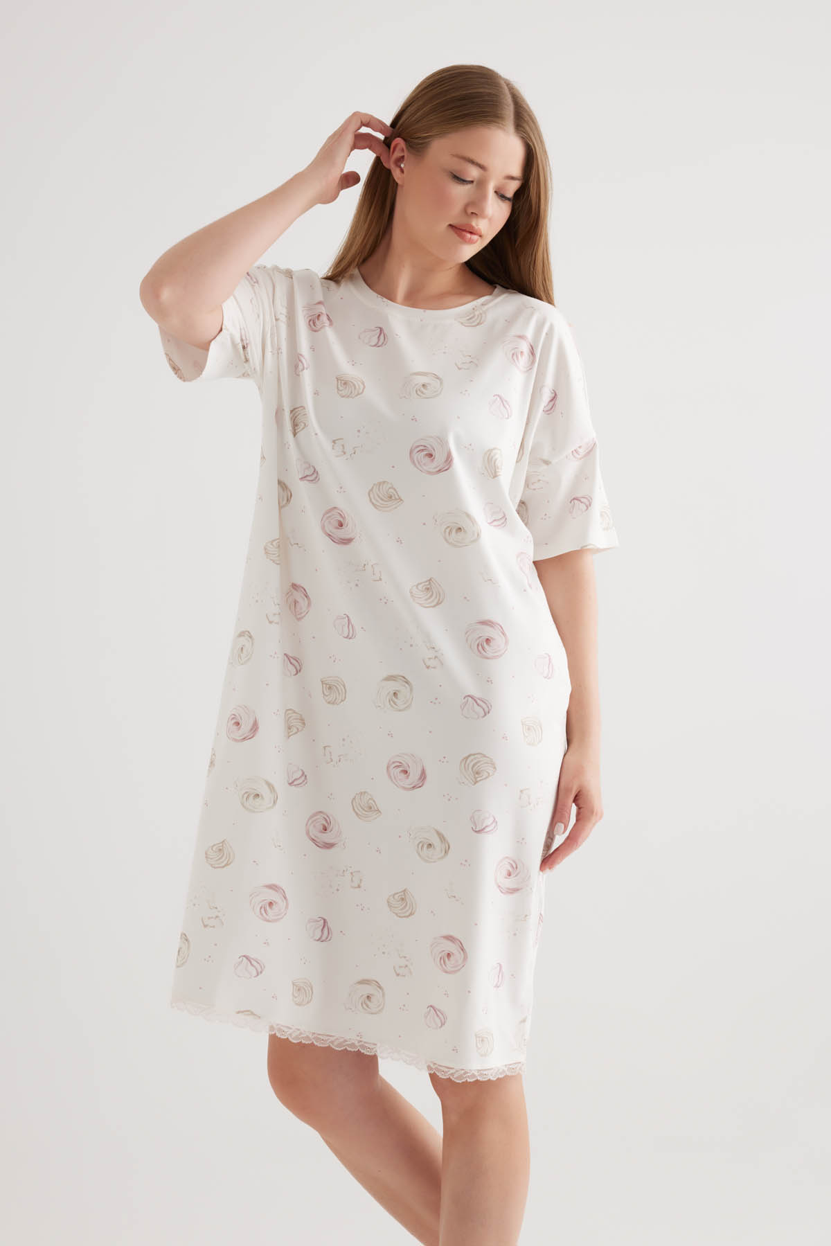 Kadın Plus Size Pamuklu Kısa Kollu Gecelik