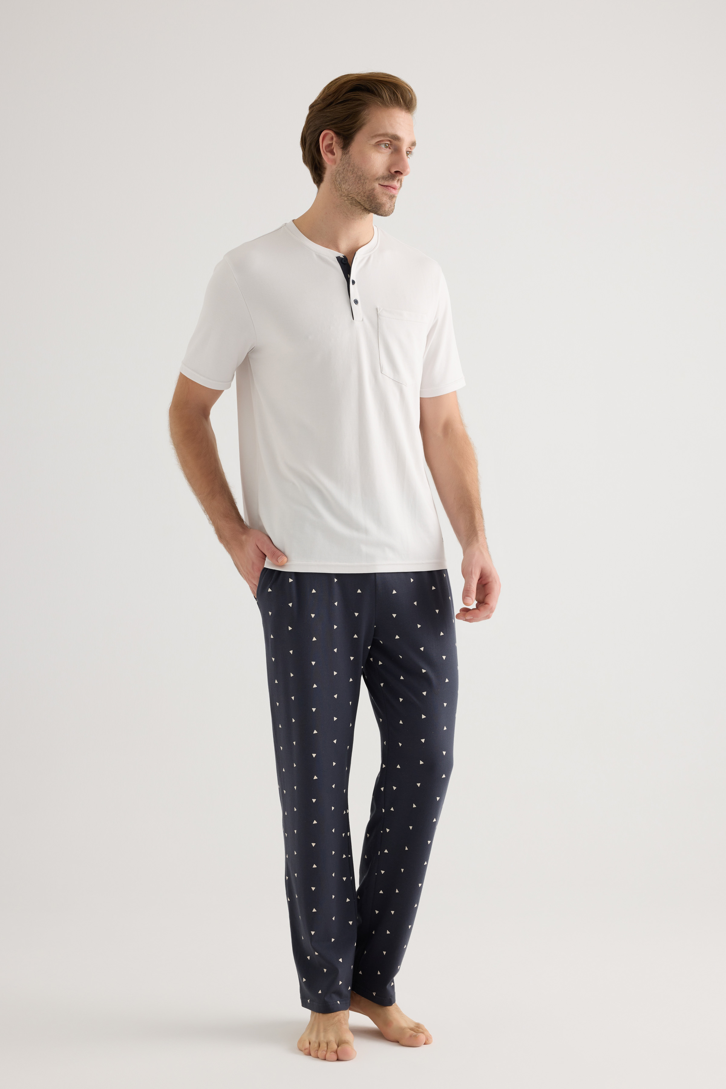 Erkek Pamuklu Patlı Cep Detaylı Kısa Kollu Pijama Üstü