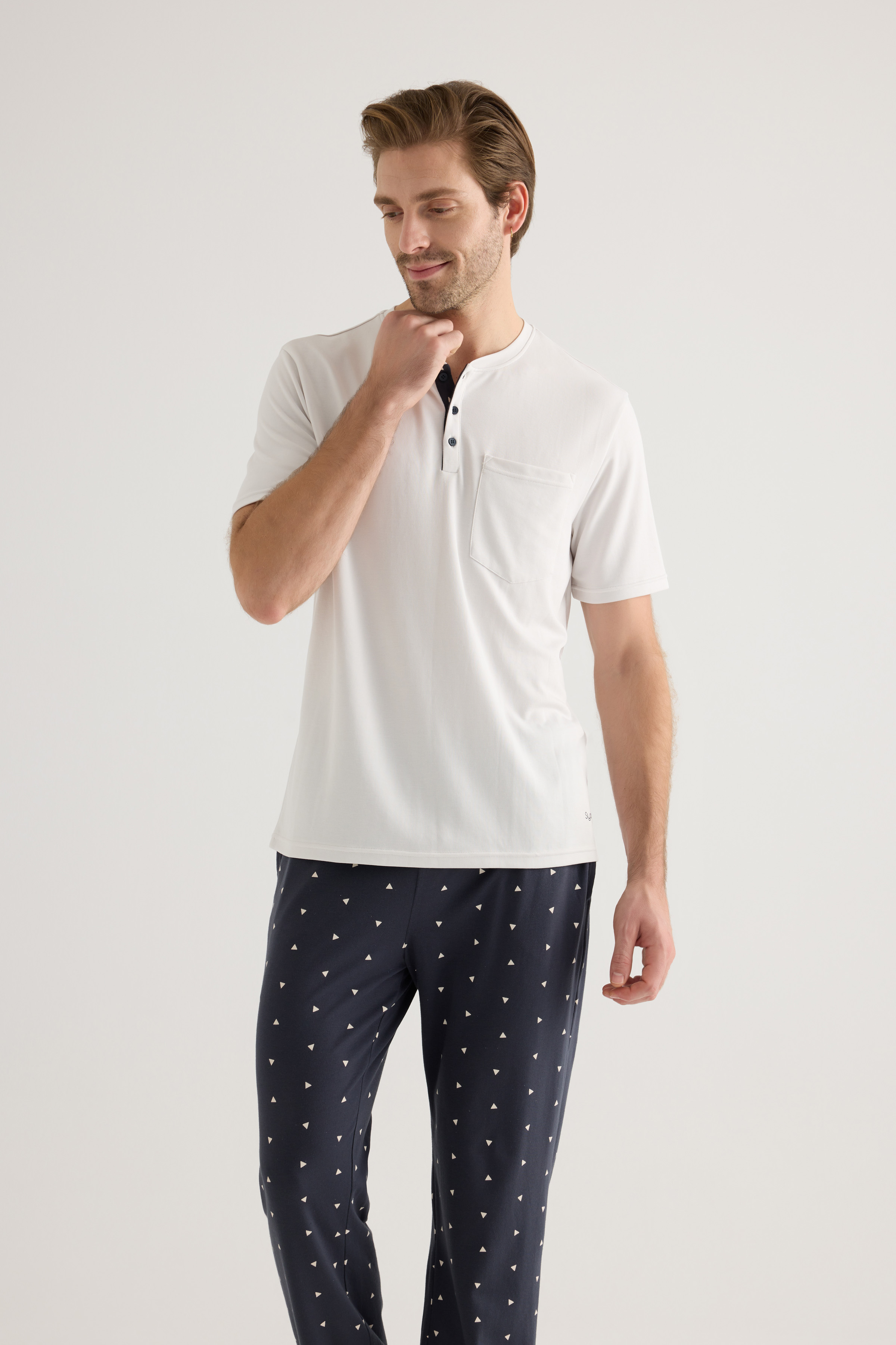 Erkek Pamuklu Patlı Cep Detaylı Kısa Kollu Pijama Üstü