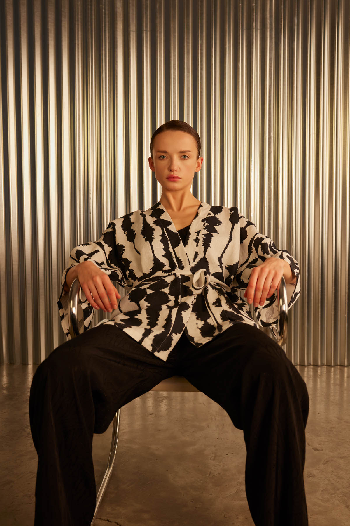 Kadın Keten Dokuma Yırtmaç Detaylı Kimono