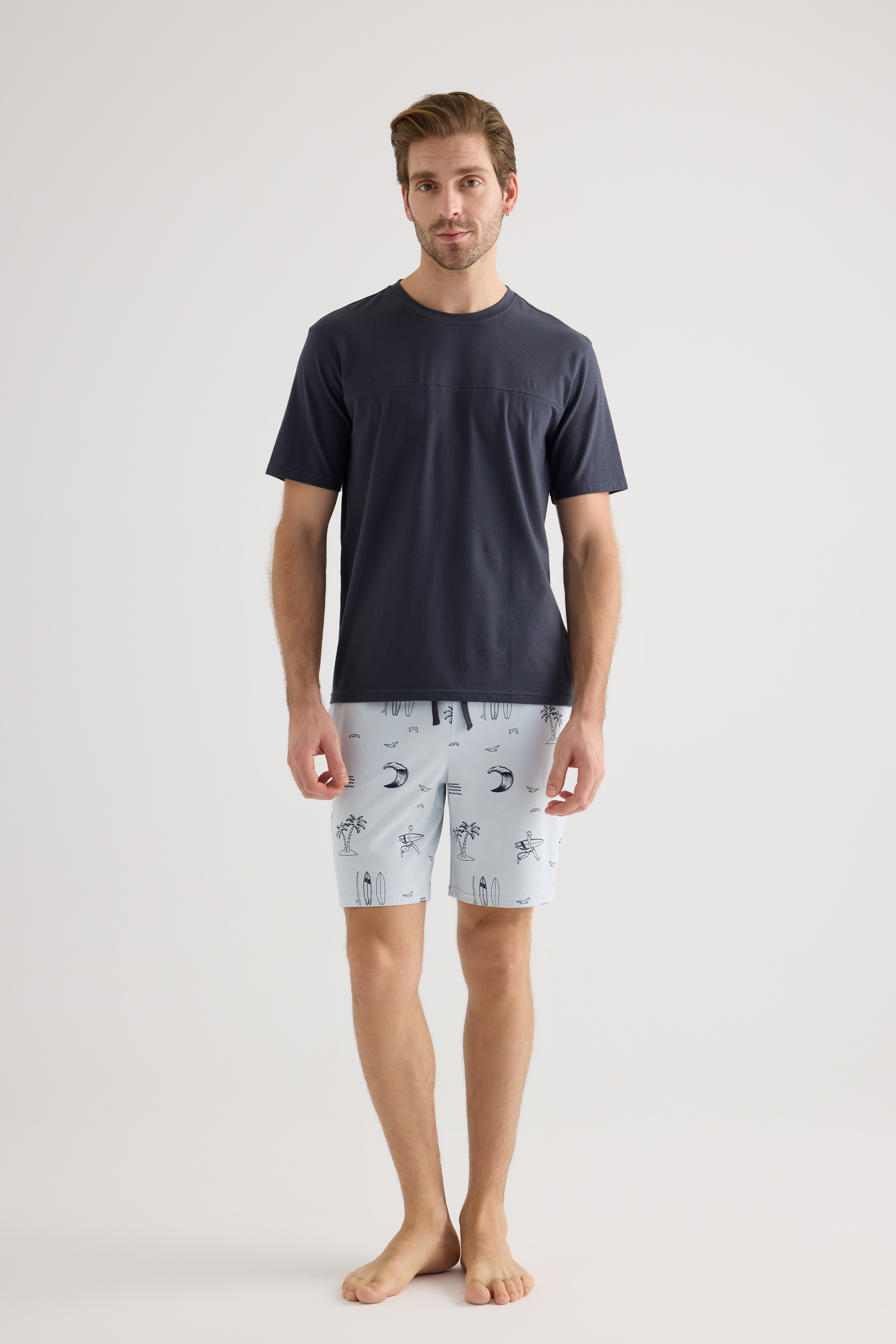 Erkek Pamuklu Kısa Kollu Şortlu Pijama Takımı