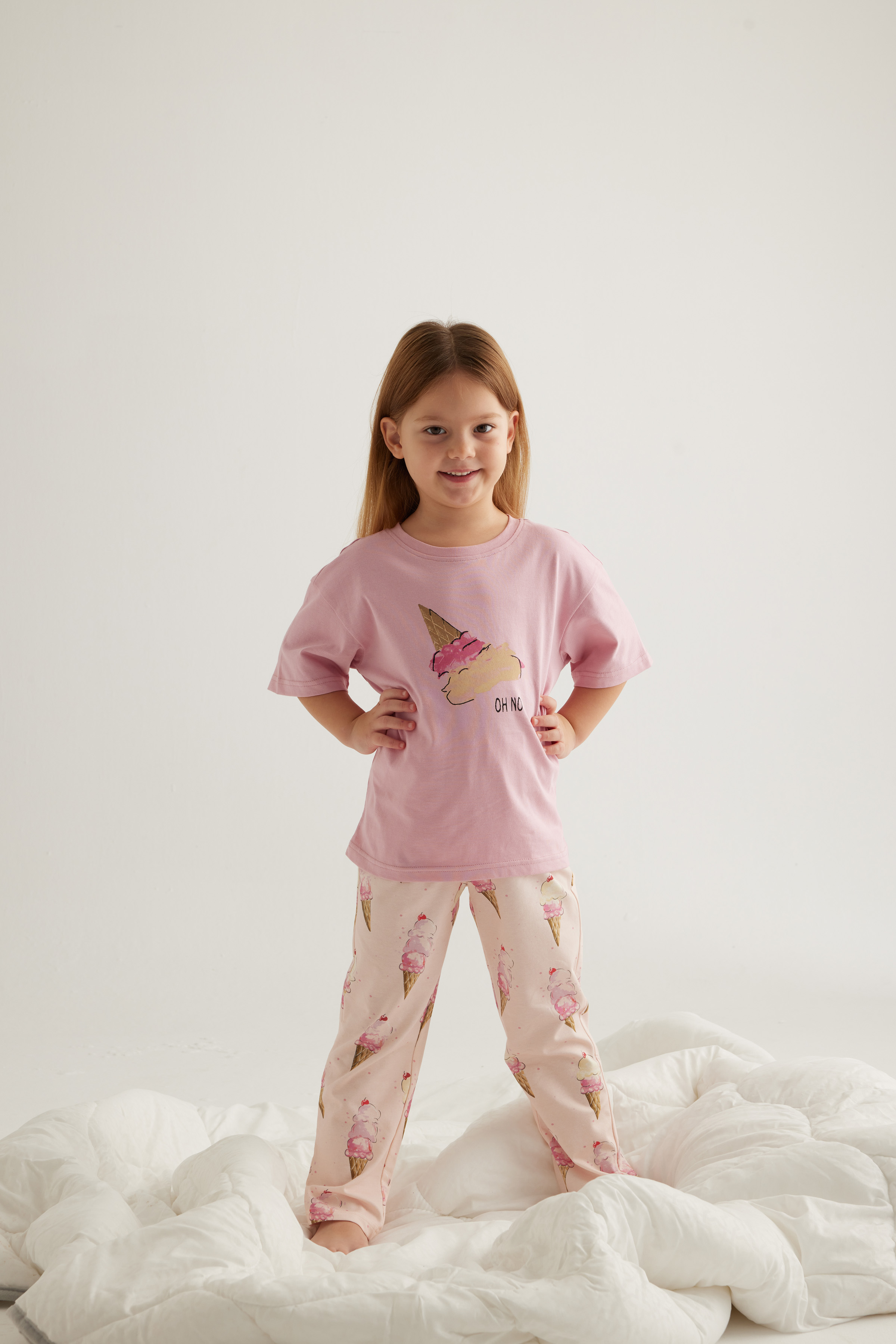 Kız Çocuk Pamuklu Kısa Kollu Uzun Pijama Takımı