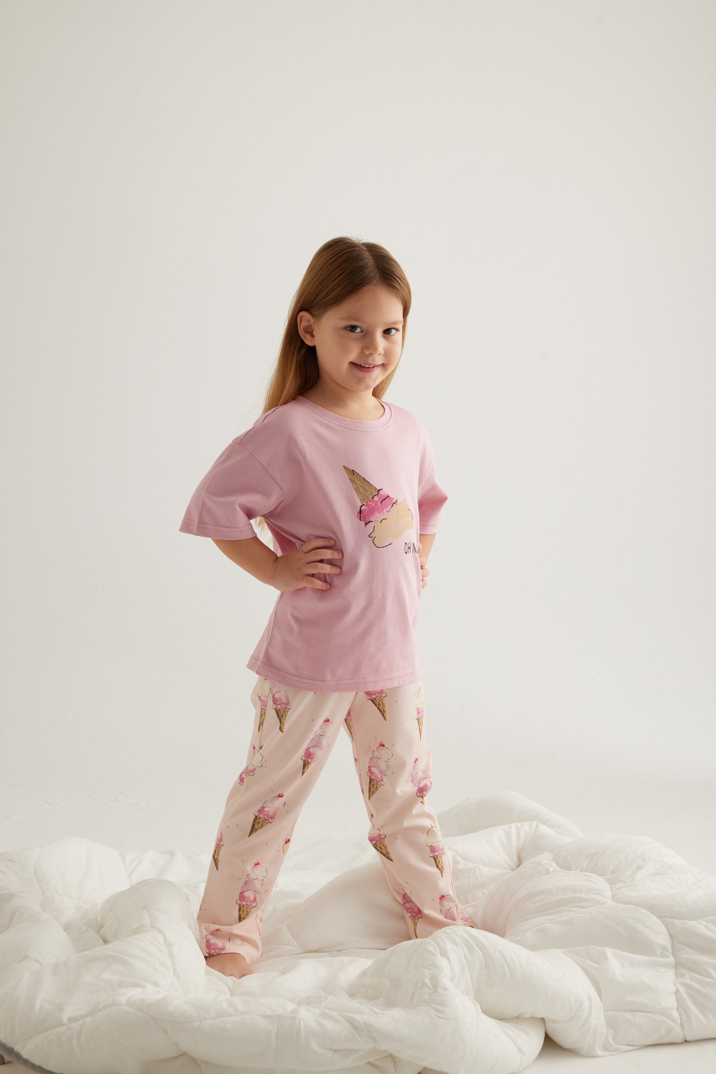Kız Çocuk Pamuklu Kısa Kollu Uzun Pijama Takımı