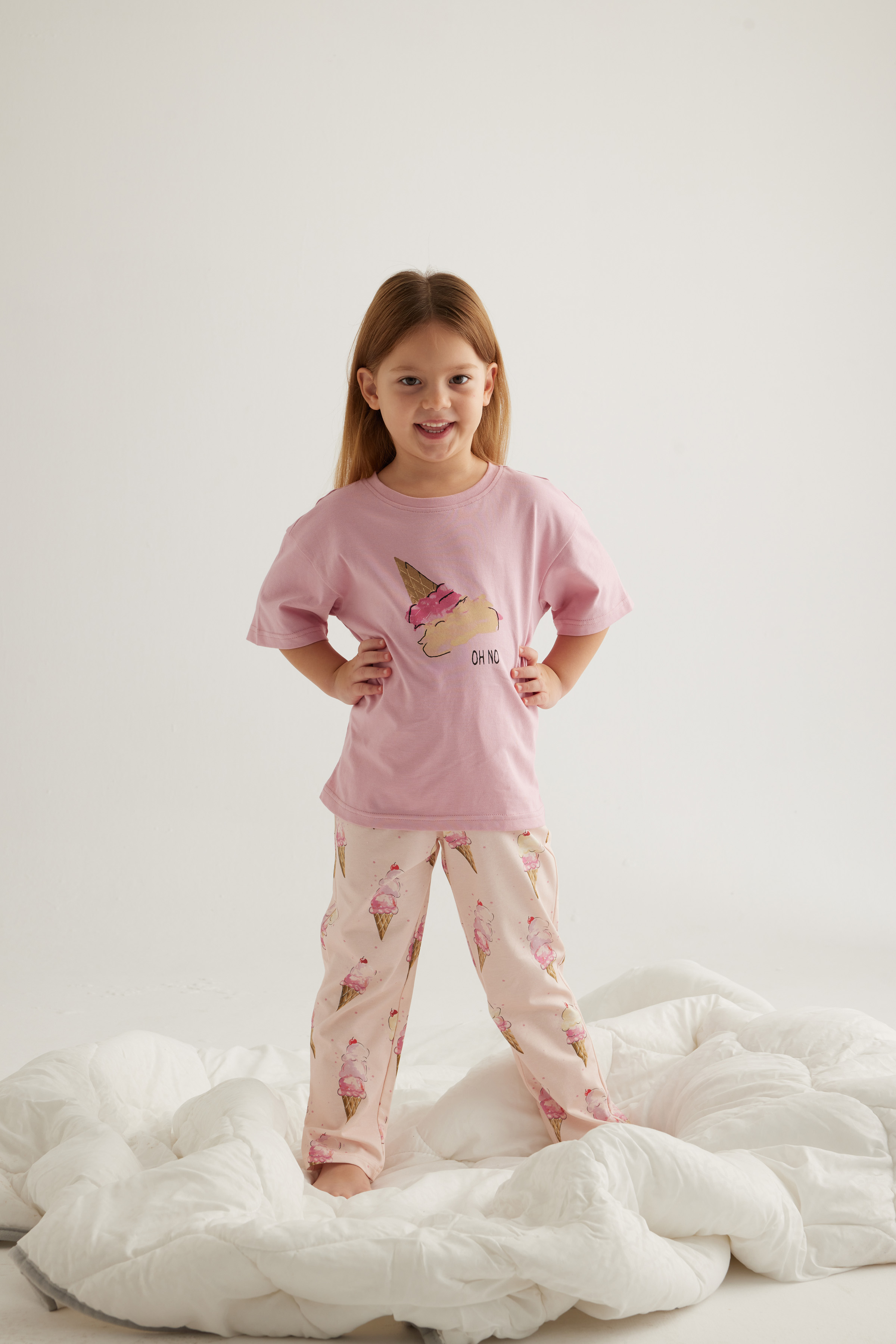 Kız Çocuk Pamuklu Kısa Kollu Uzun Pijama Takımı