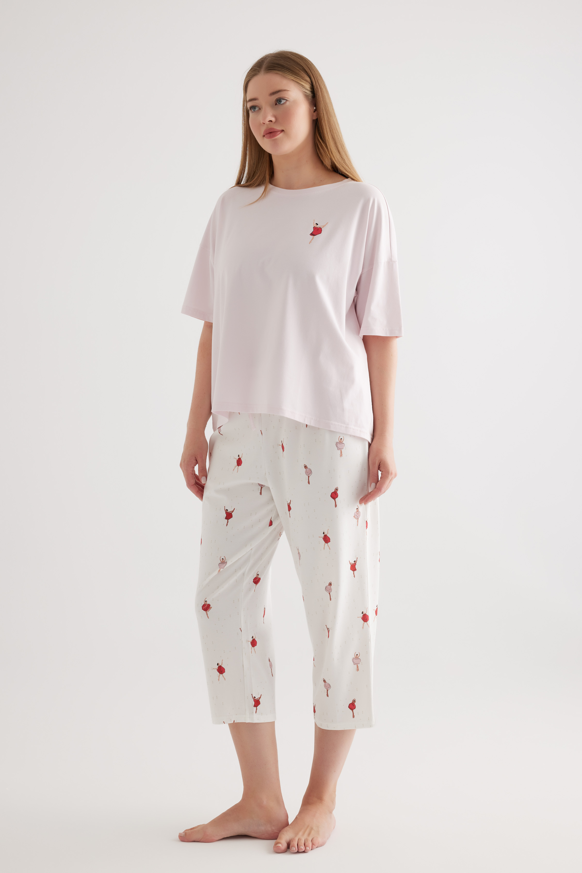 Kadın Plus Size Pamuklu Kısa Kollu Kapri  Pijama Takımı
