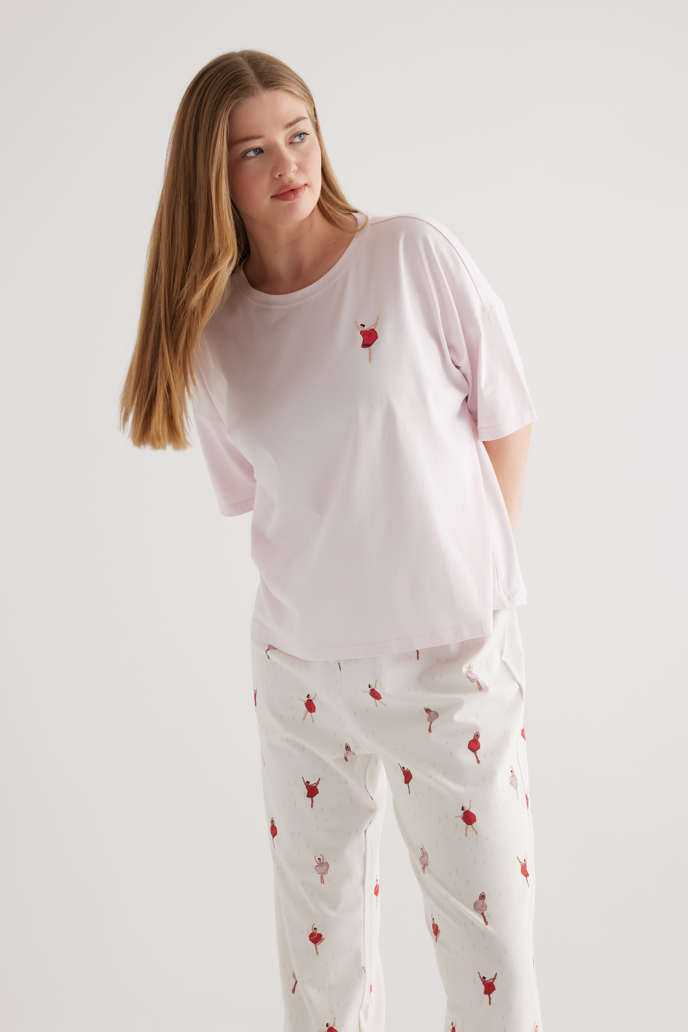 Kadın Plus Size Pamuklu Kısa Kollu Pijama Üstü