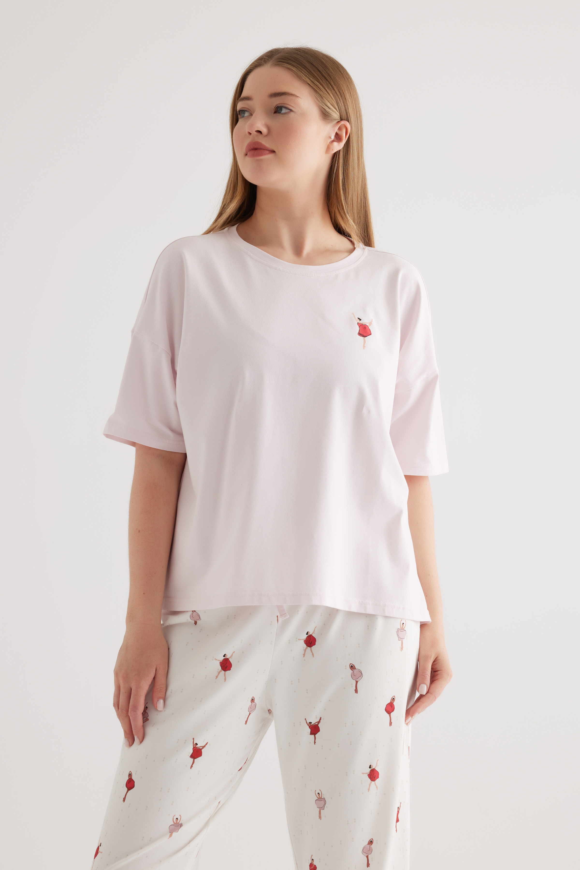 Kadın Plus Size Pamuklu Kısa Kollu Pijama Üstü