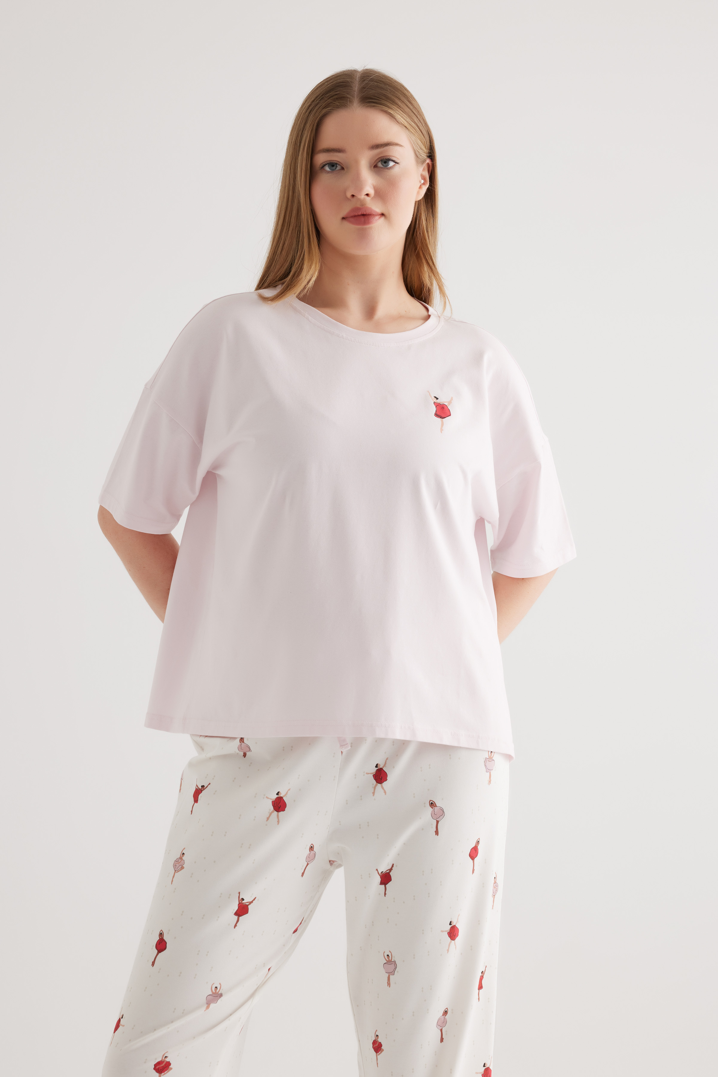 Kadın Plus Size Pamuklu Kısa Kollu Pijama Üstü
