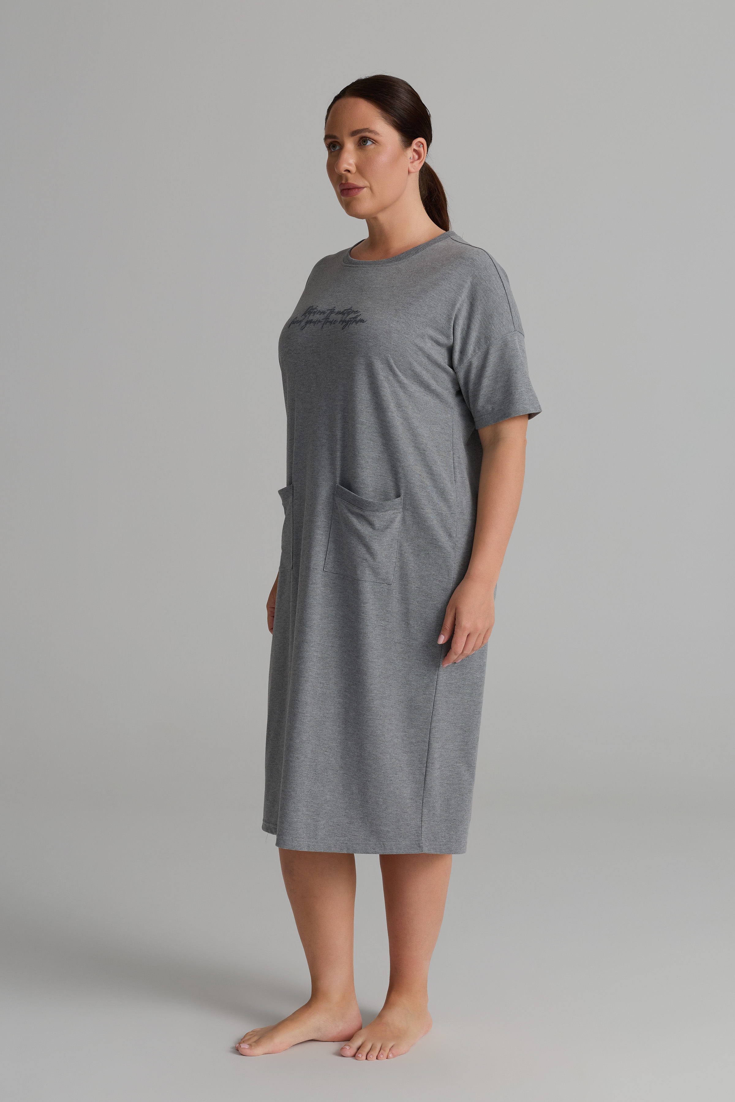Kadın Plus Size Pamuklu Uzun Kollu Gecelik