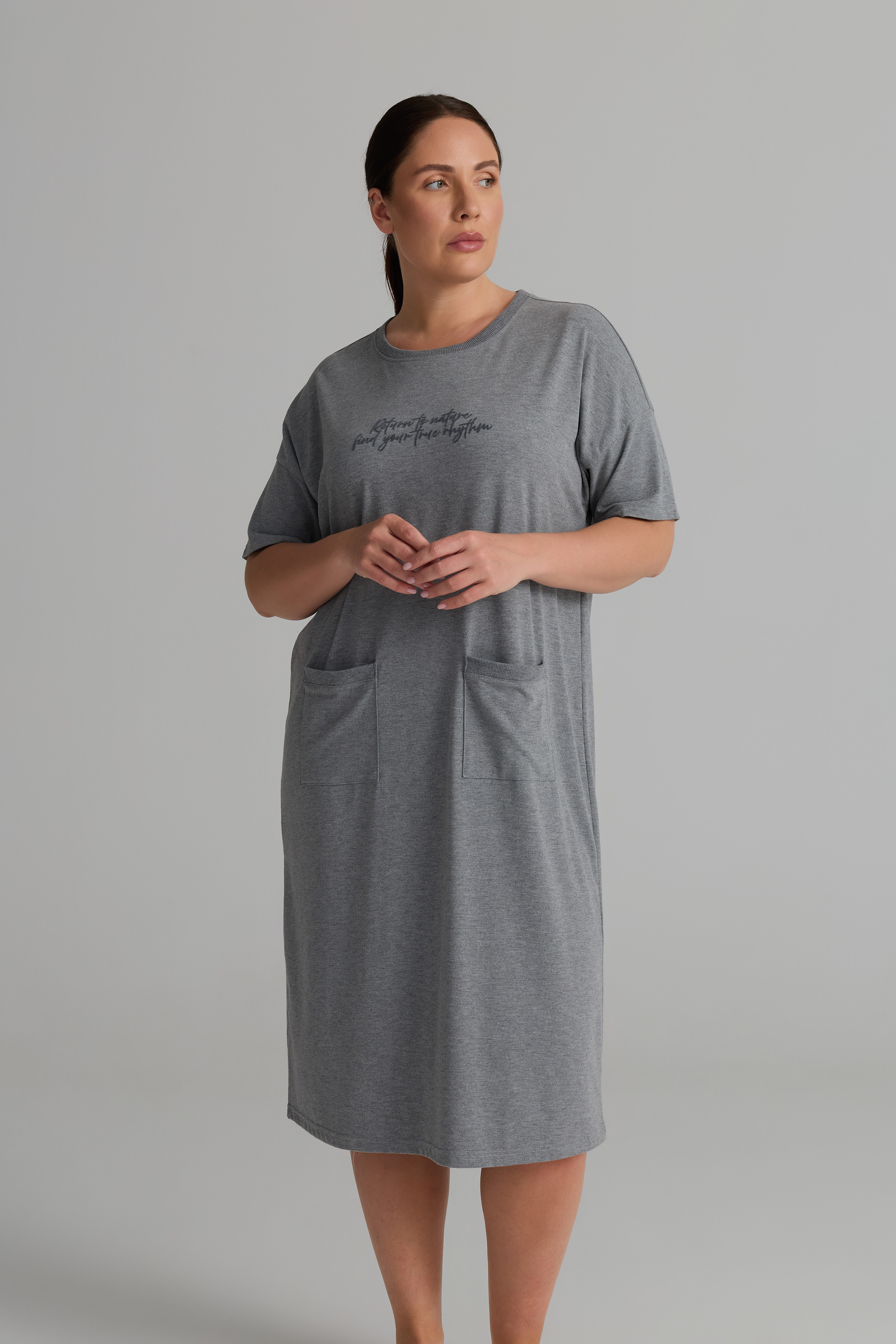 Kadın Plus Size Pamuklu Uzun Kollu Gecelik