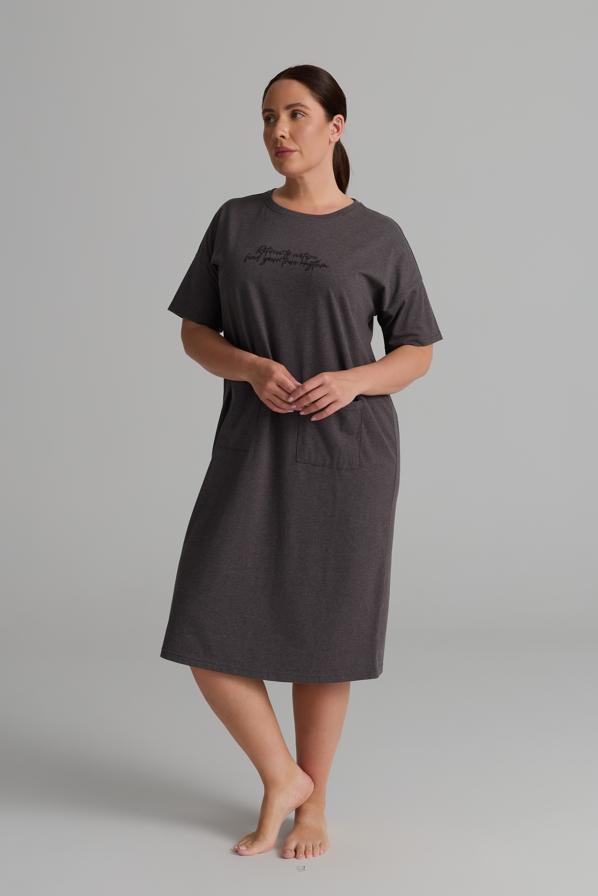 Kadın Plus Size Pamuklu Uzun Kollu Gecelik