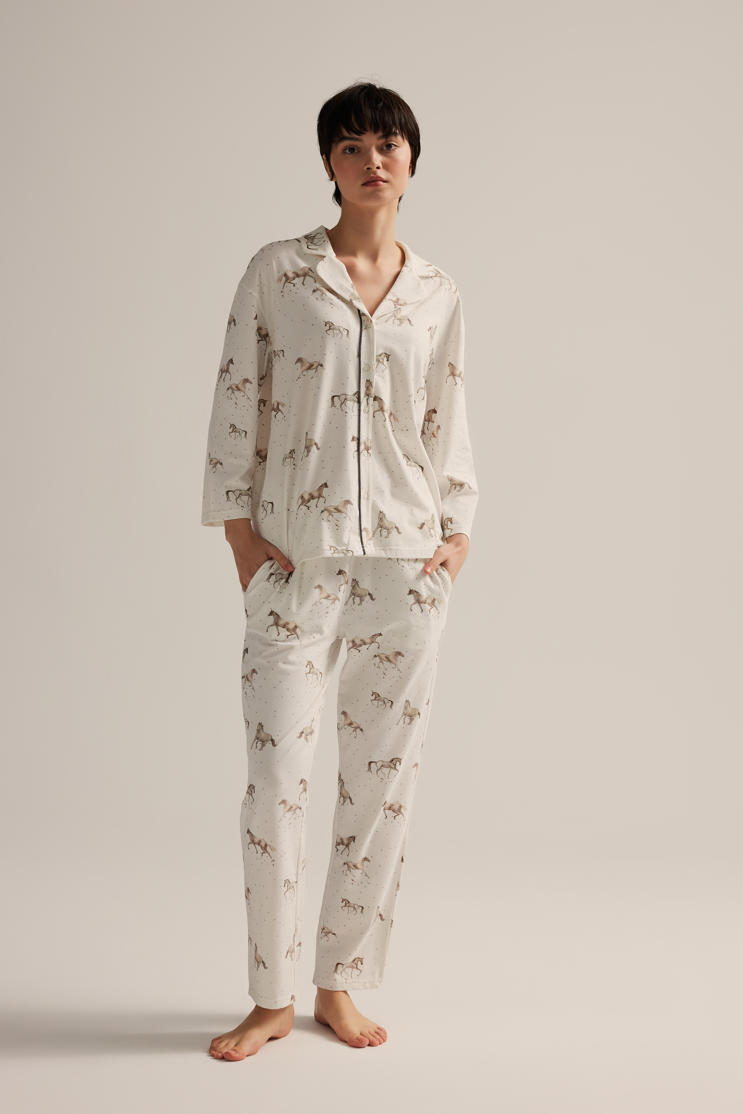 Kadın Pamuklu Uzun Kollu Gömlek Pijama Takımı