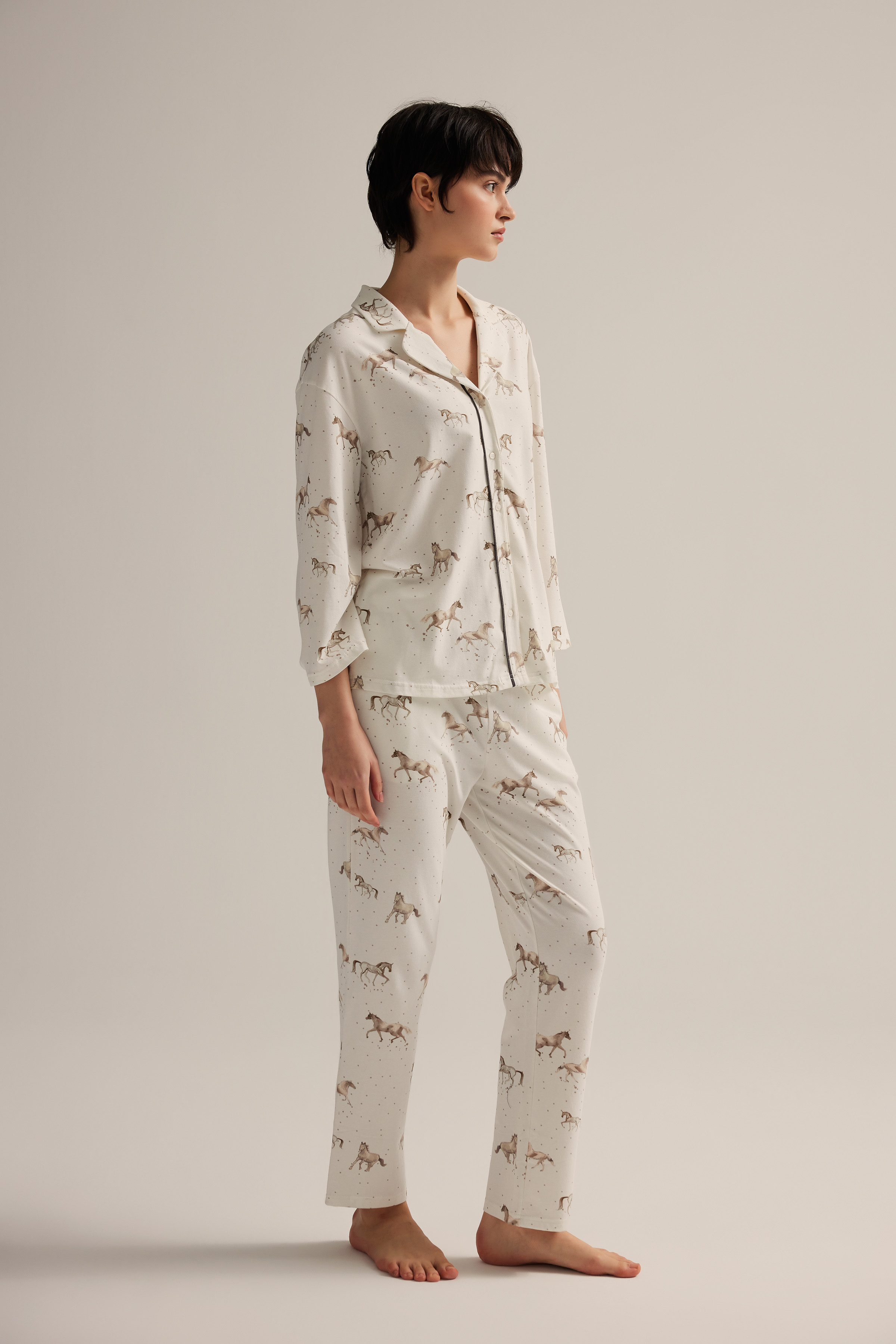 Kadın Pamuklu Uzun Kollu Gömlek Pijama Takımı