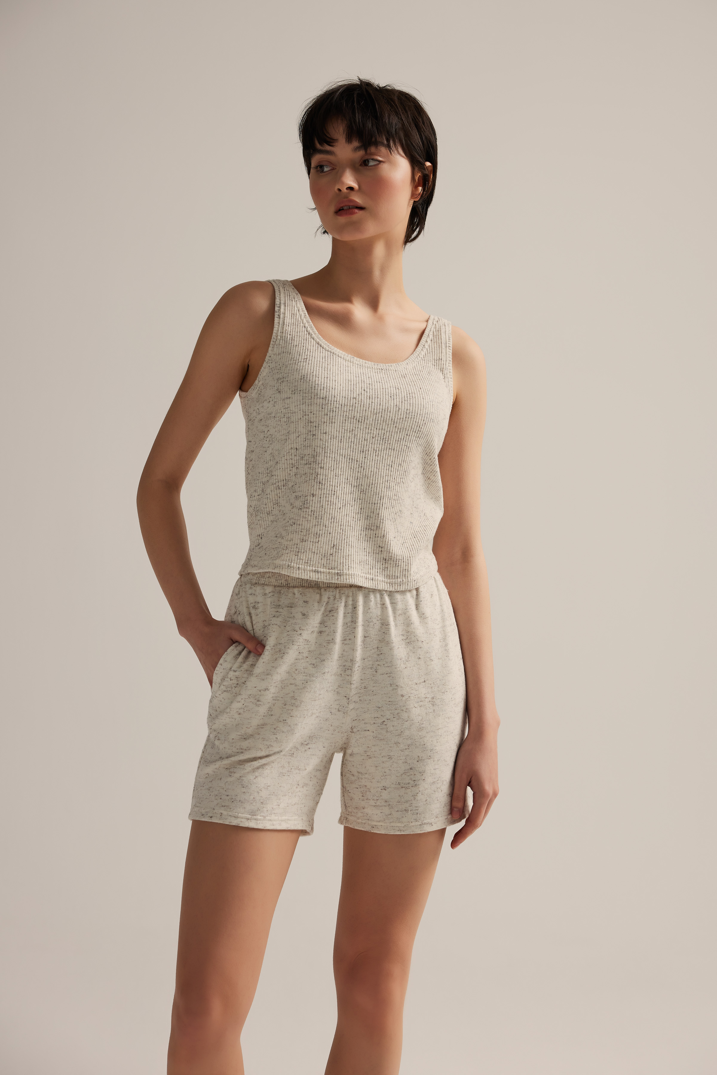 Kadın Pamuklu Kırçıllı Örme Atlet Şortlu Takım