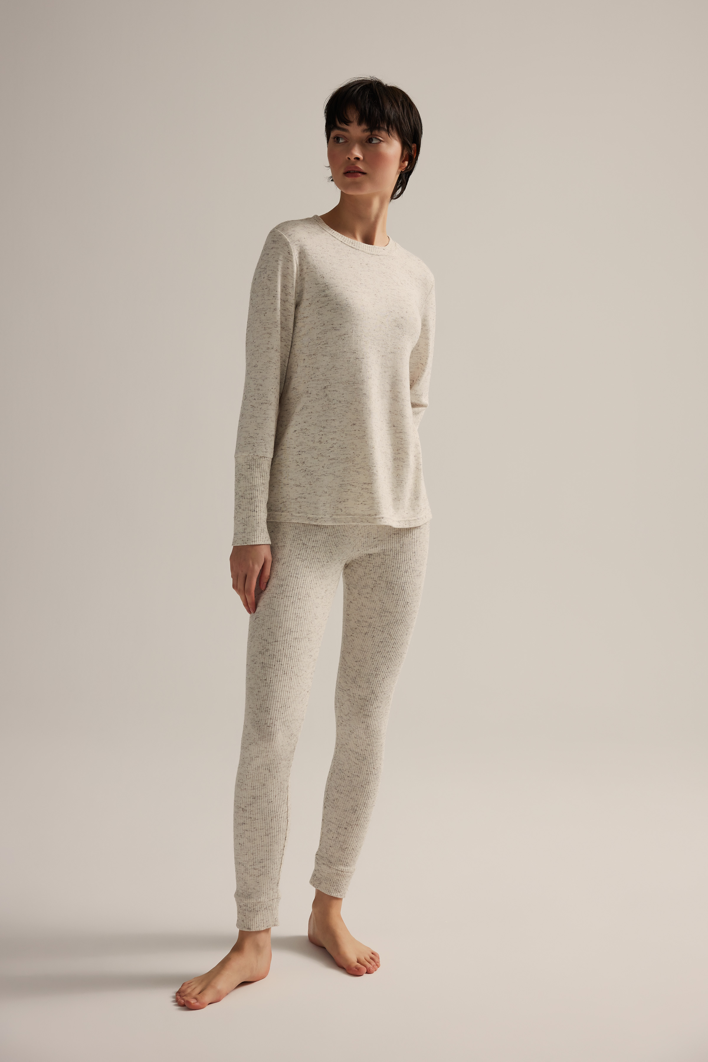 Kadın Pamuklu Örme Kırçıllı Uzun Kollu T-shirt Taytlı Takım	