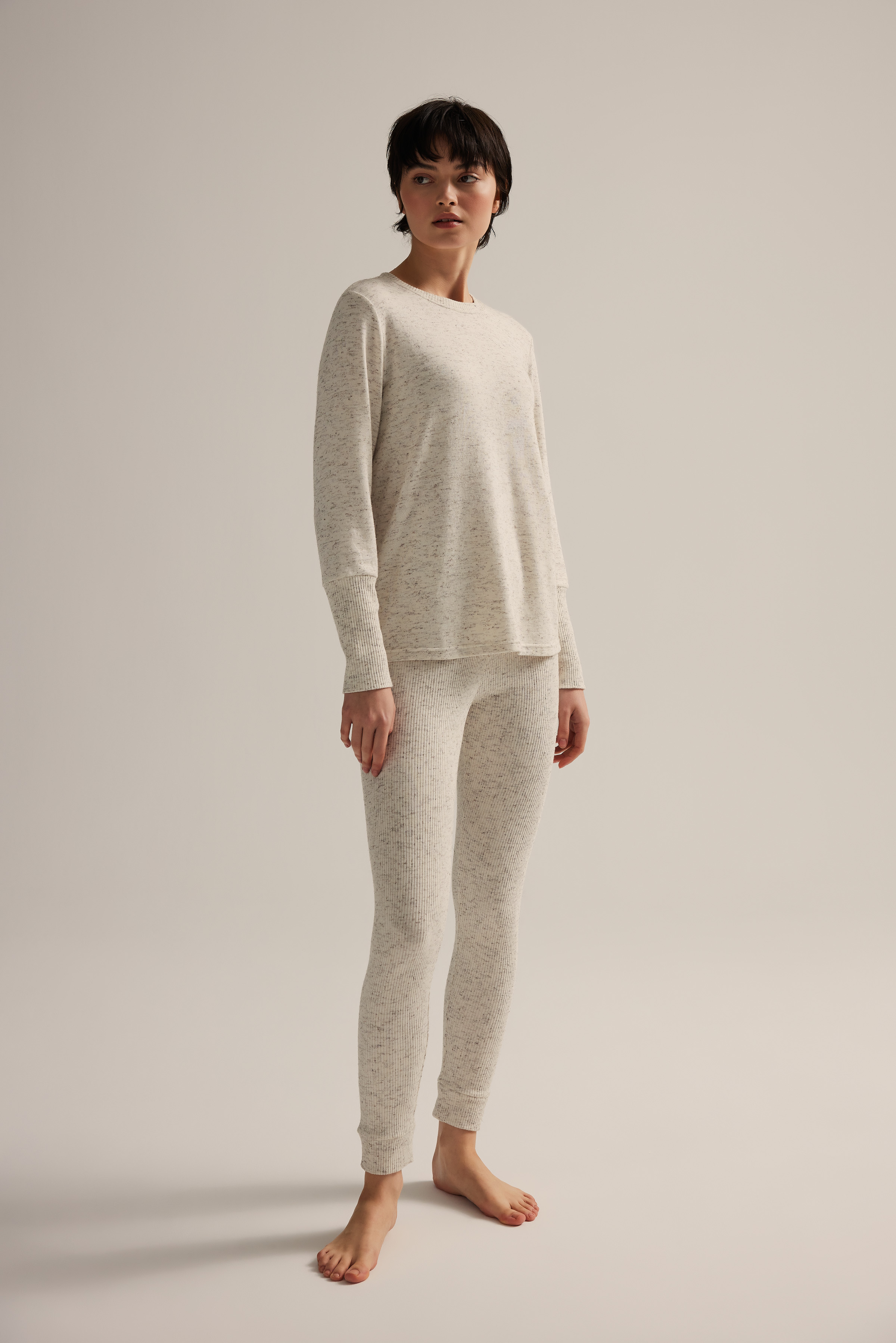 Kadın Pamuklu Örme Kırçıllı Uzun Kollu T-shirt Taytlı Takım	