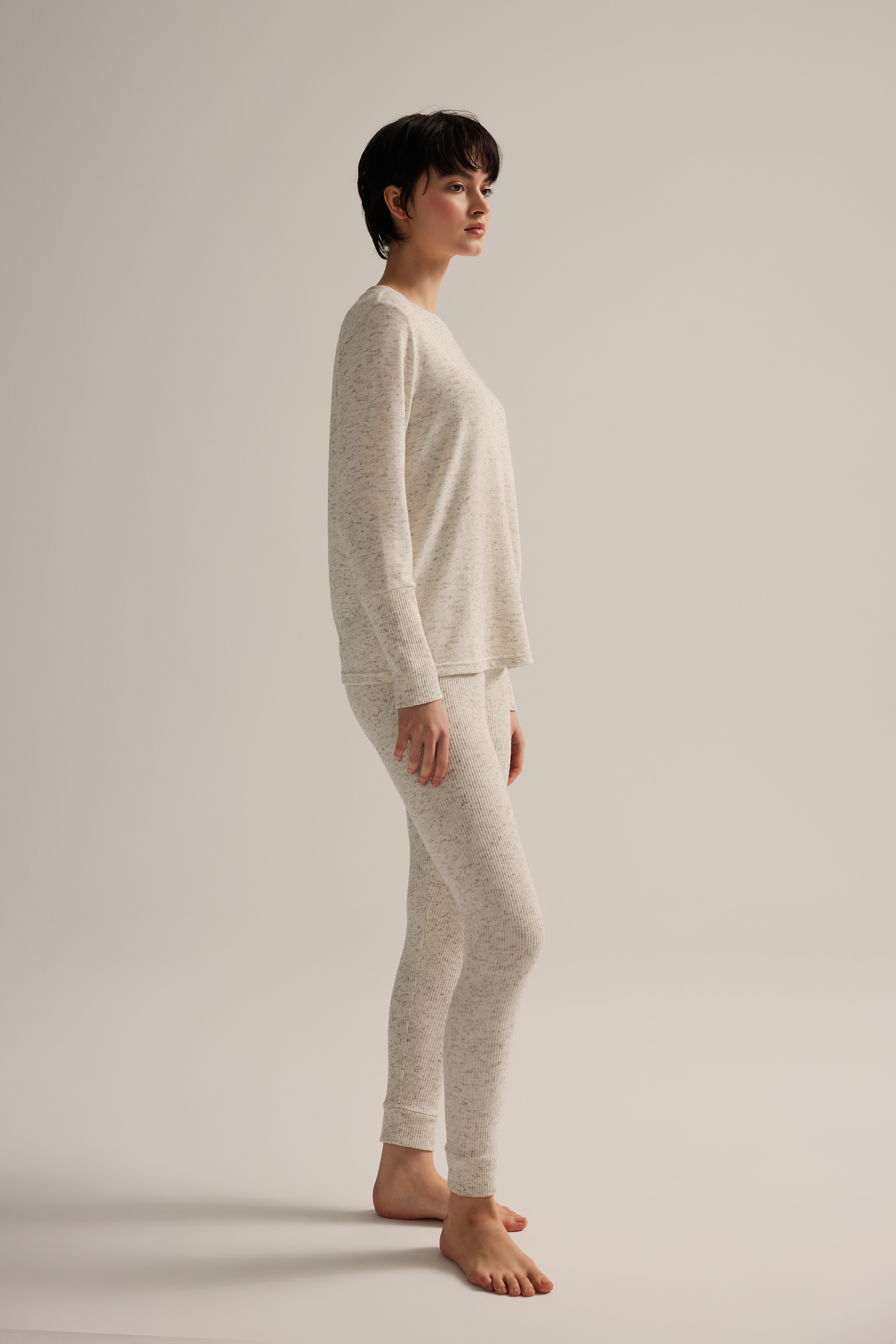 Kadın Pamuklu Örme Kırçıllı Uzun Kollu T-shirt Taytlı Takım	