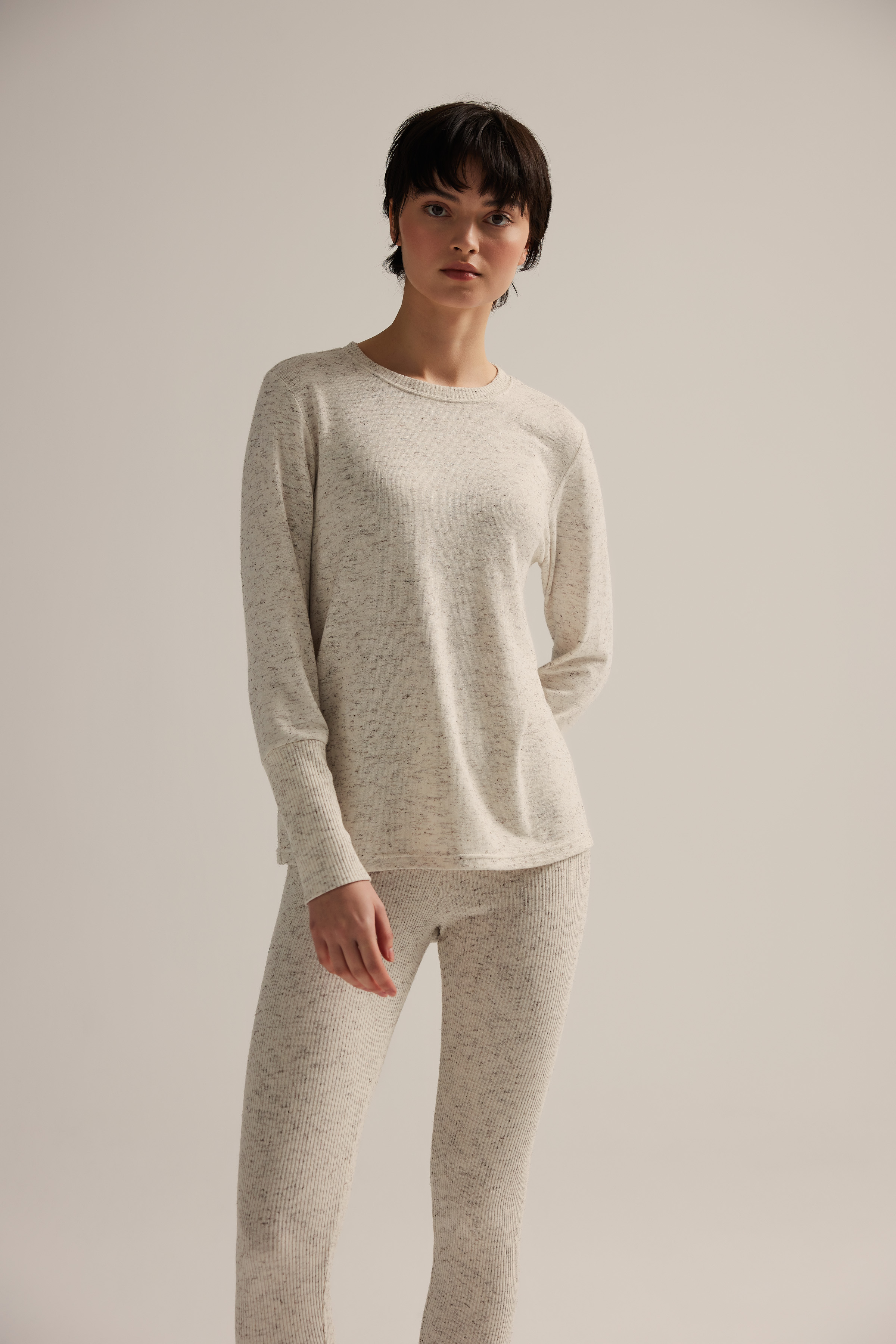 Kadın Pamuklu Örme Kırçıllı Uzun Kollu T-shirt Taytlı Takım	