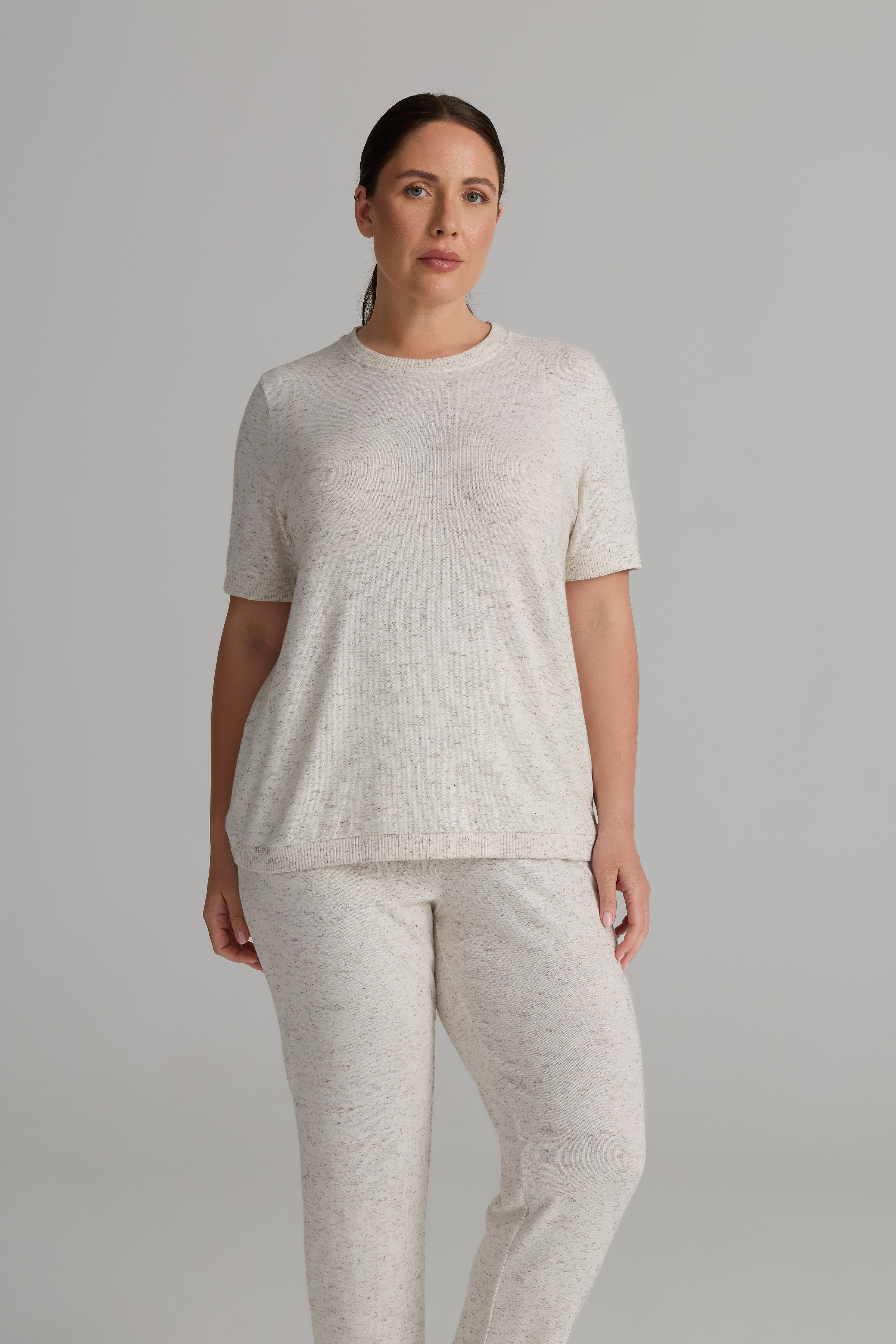 Kadın Plus Size Pamuklu Kırçıllı Örme Kısa Kol T-shirt