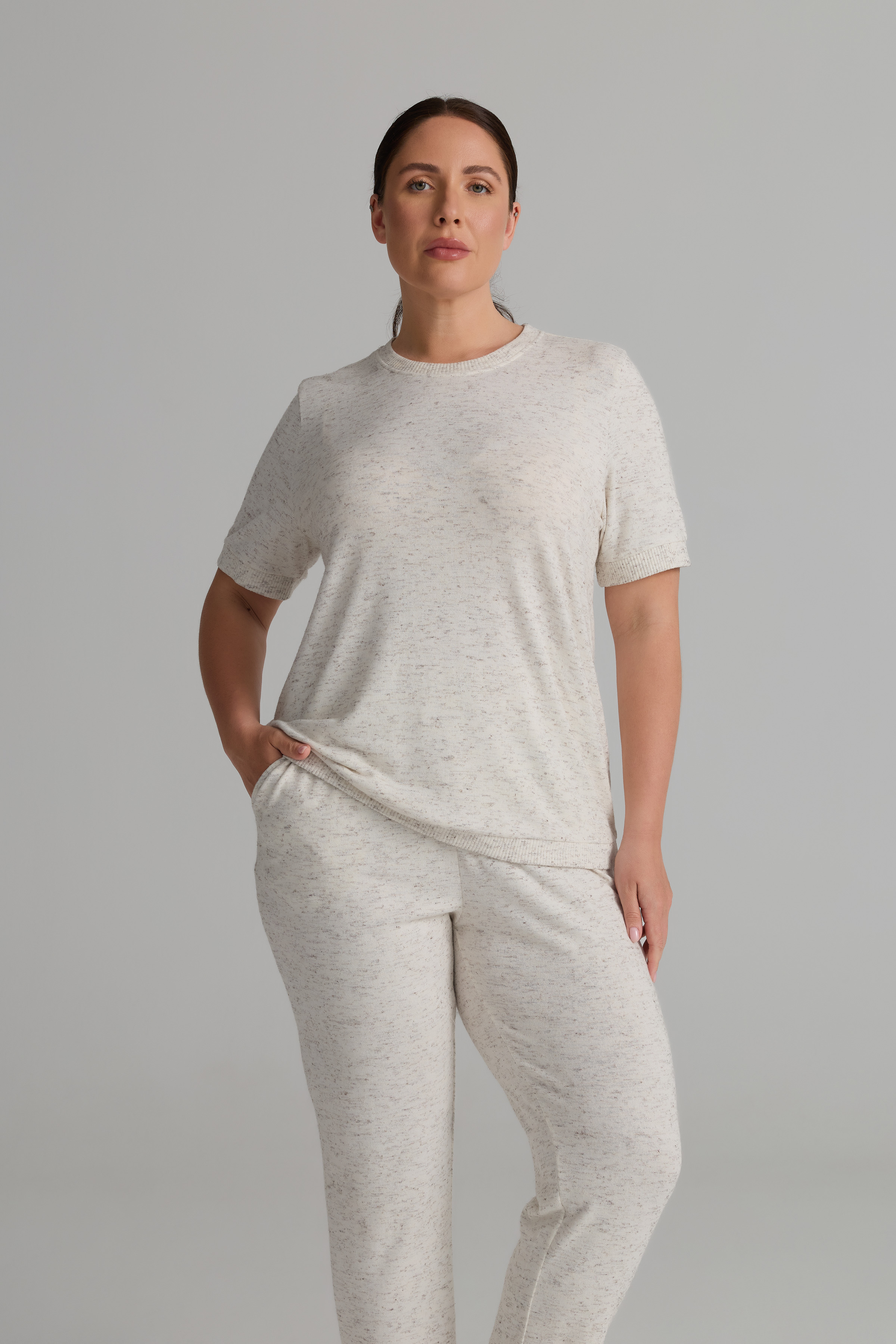 Kadın Plus Size Pamuklu Kırçıllı Örme Kısa Kol T-shirt