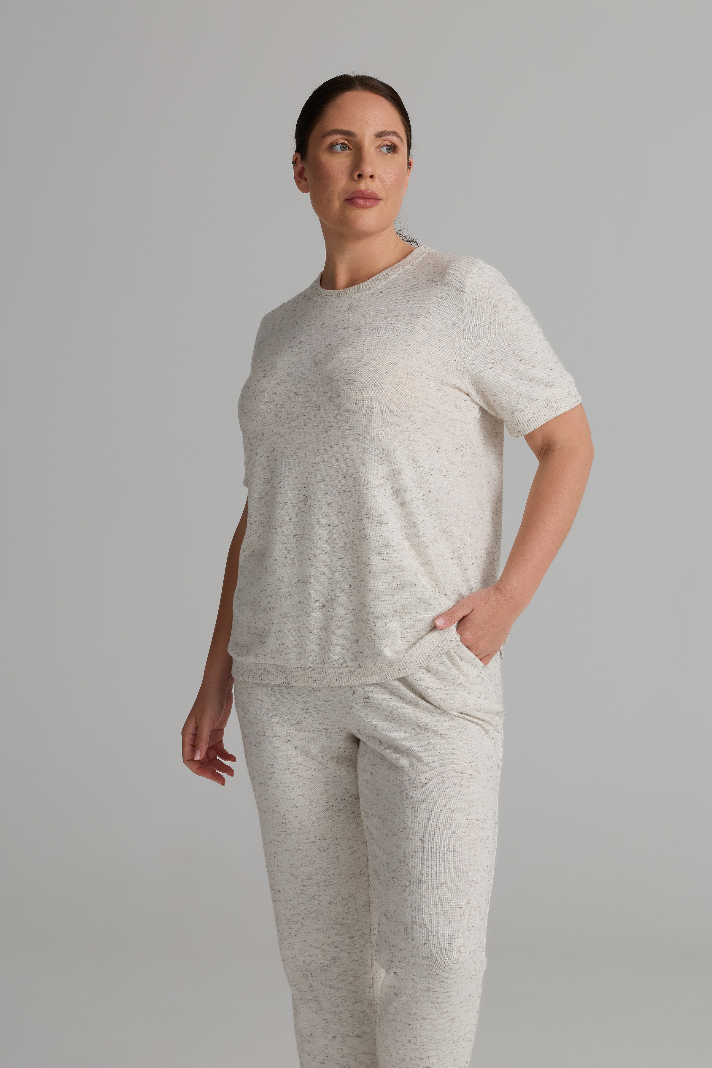 Kadın Plus Size Pamuklu Kırçıllı Örme Kısa Kol T-shirt