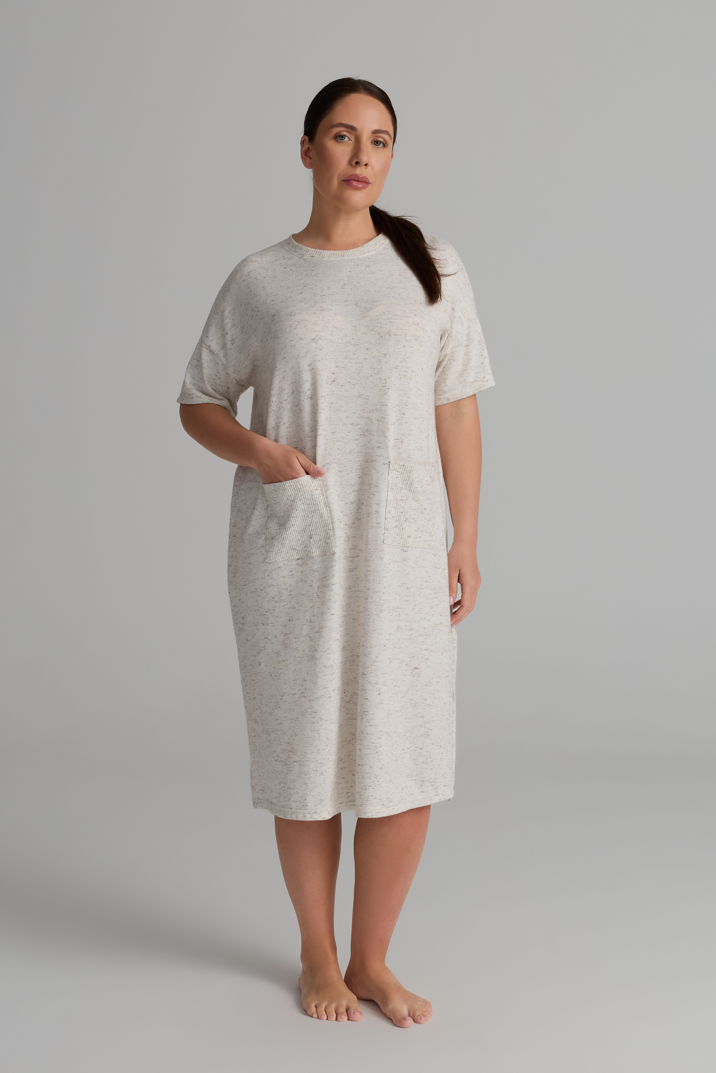 Kadın Plus Size Pamuklu Kırçıllı Örme Kısa Kollu Elbise