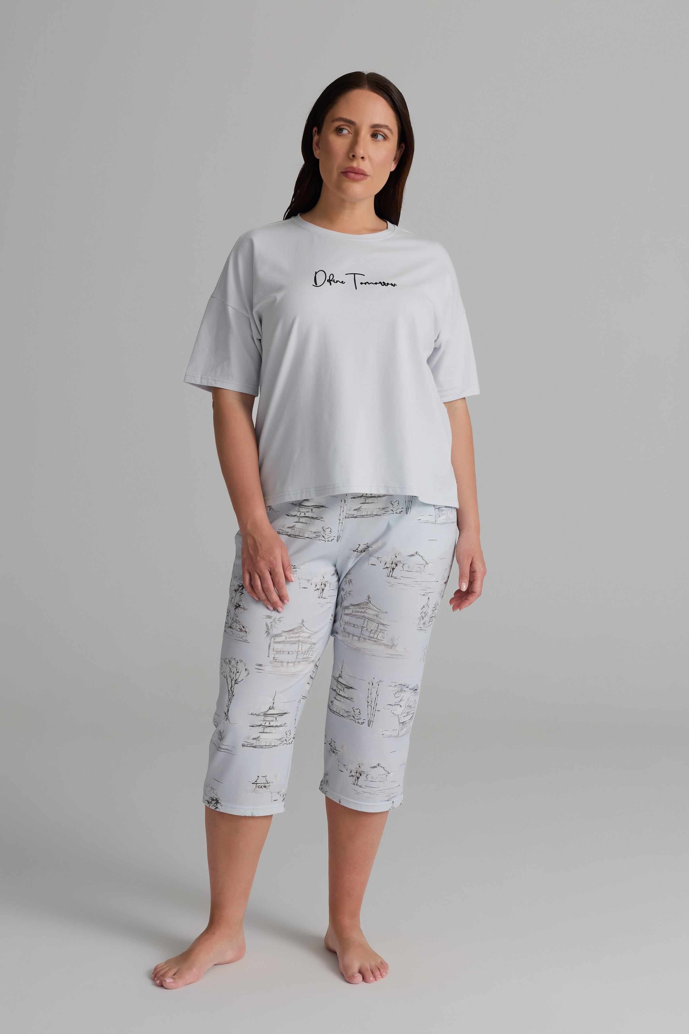 Kadın Plus Size Pamuklu Kısa Kollu Kapri Pijama Takımı