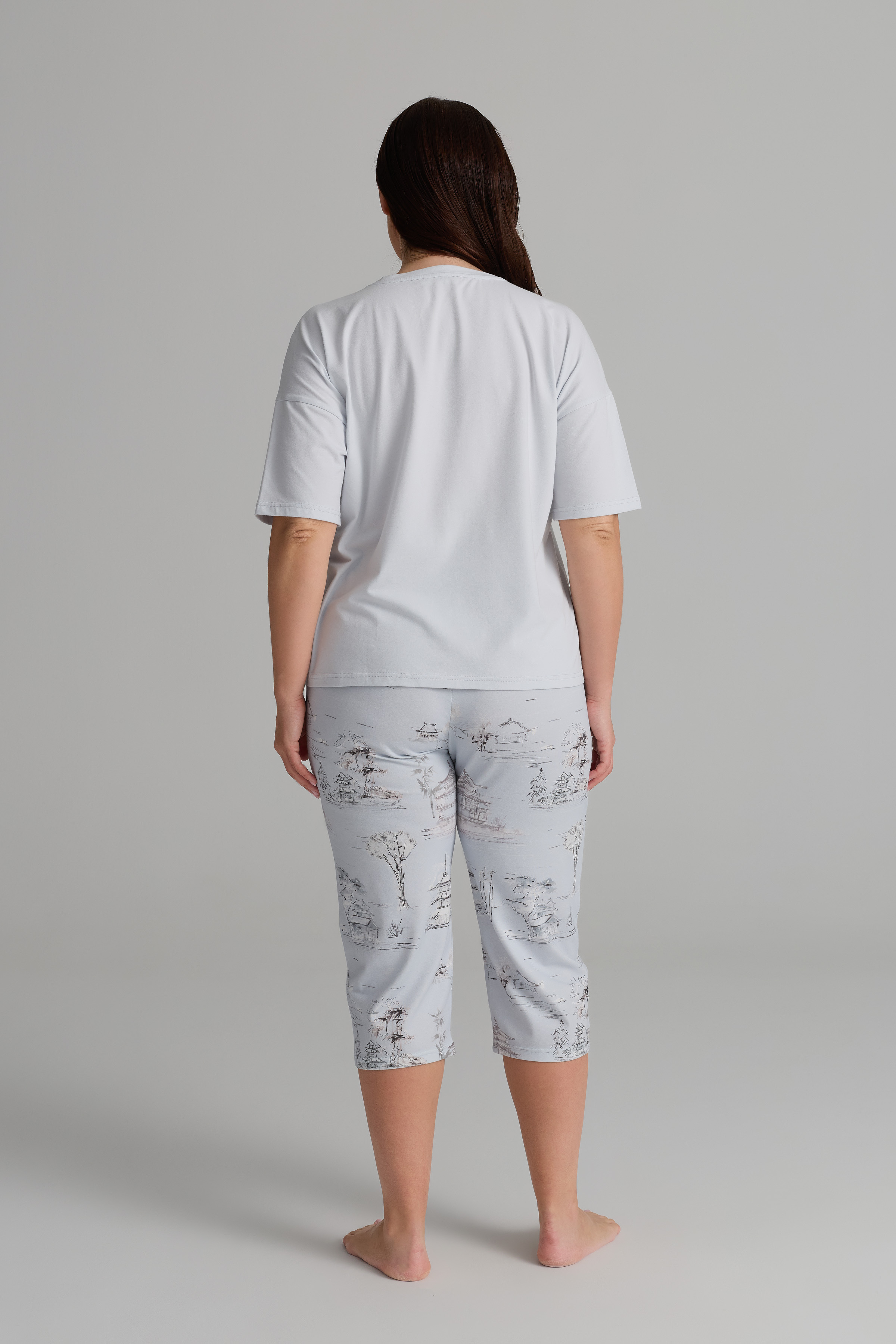 Kadın Plus Size Pamuklu Kısa Kollu Kapri Pijama Takımı