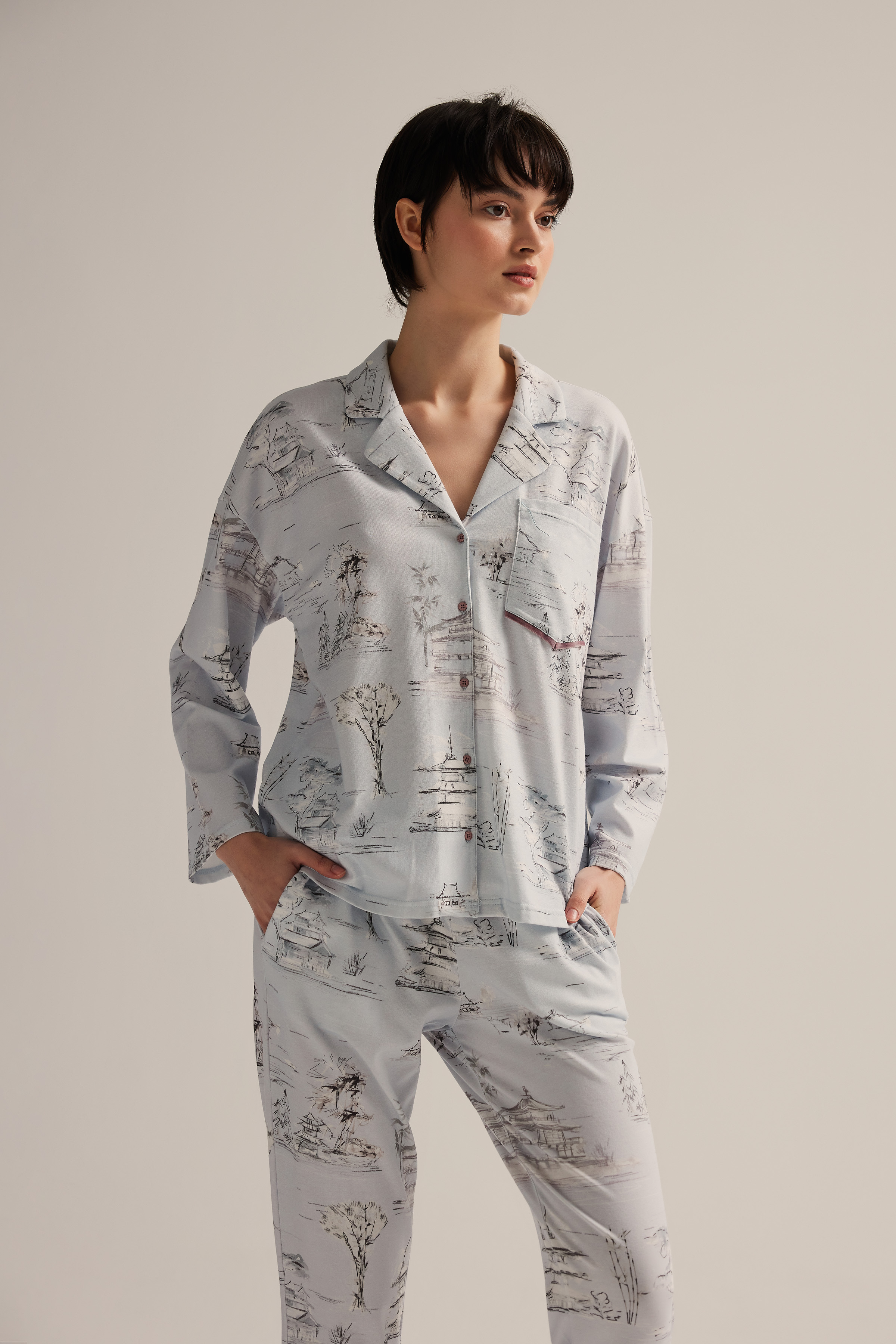 Kadın Pamuklu Uzun Kollu Gömlek Pijama Üstü