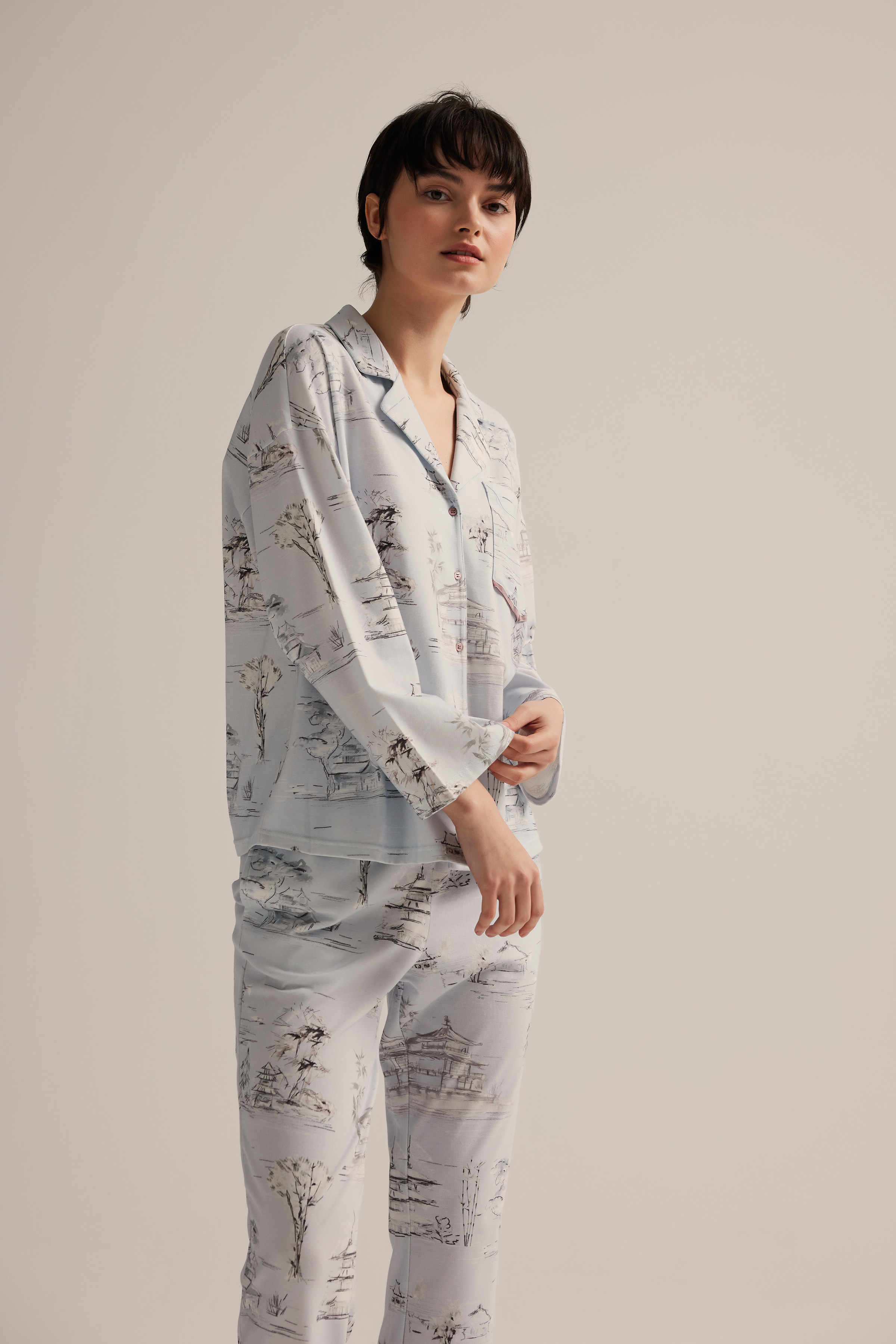 Kadın Pamuklu Uzun Kollu Gömlek Pijama Üstü