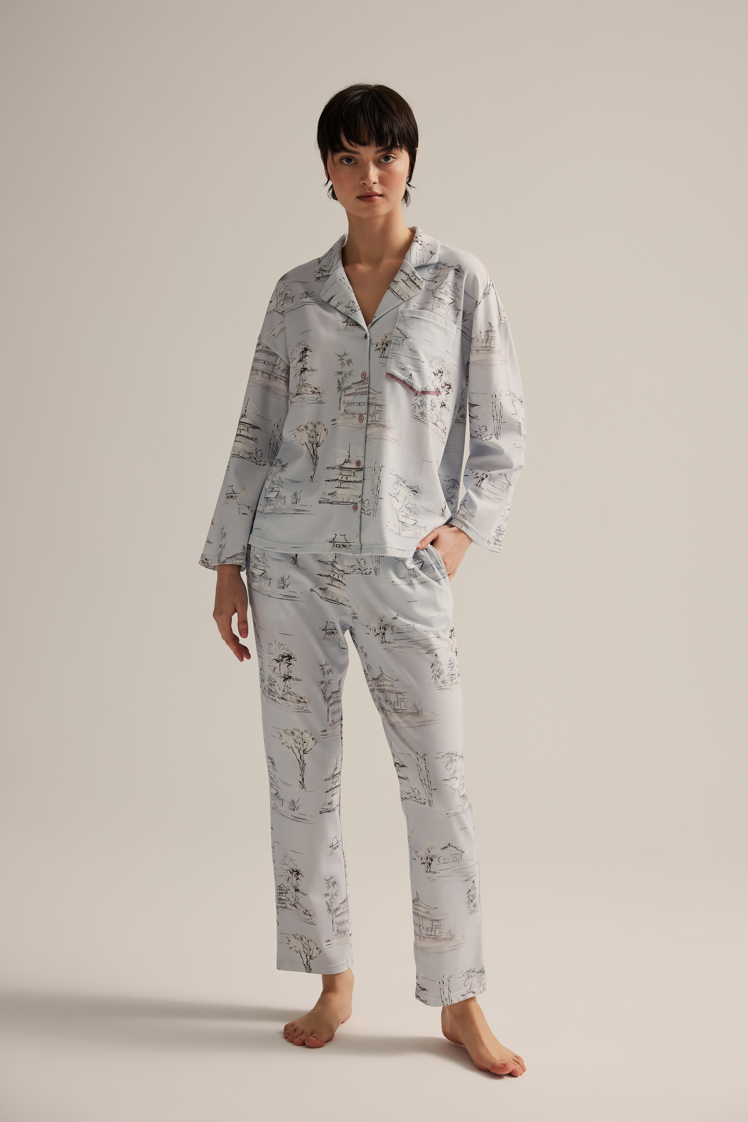 Kadın Pamuklu Uzun Kollu Gömlek Pijama Takımı