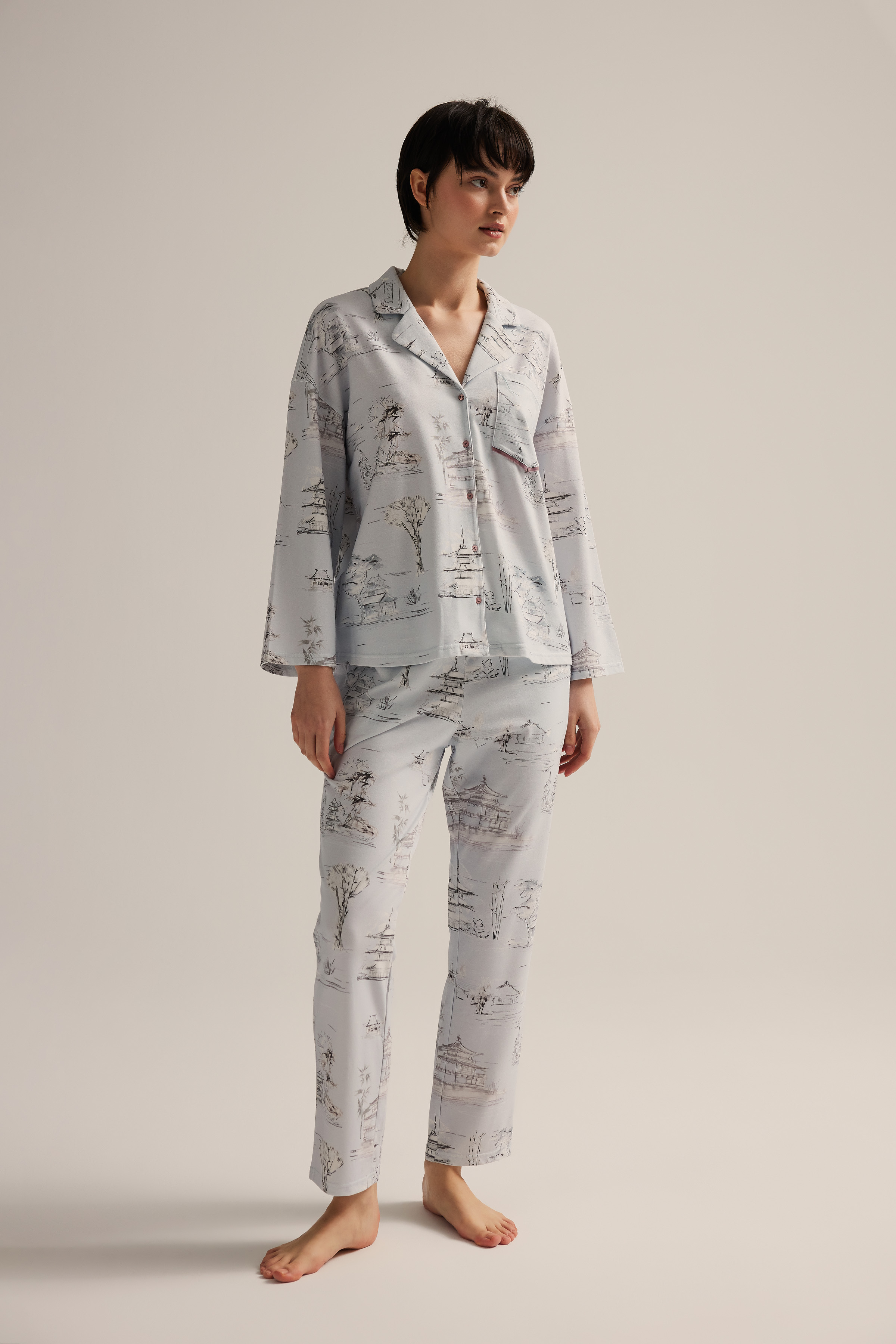 Kadın Pamuklu Uzun Kollu Gömlek Pijama Takımı