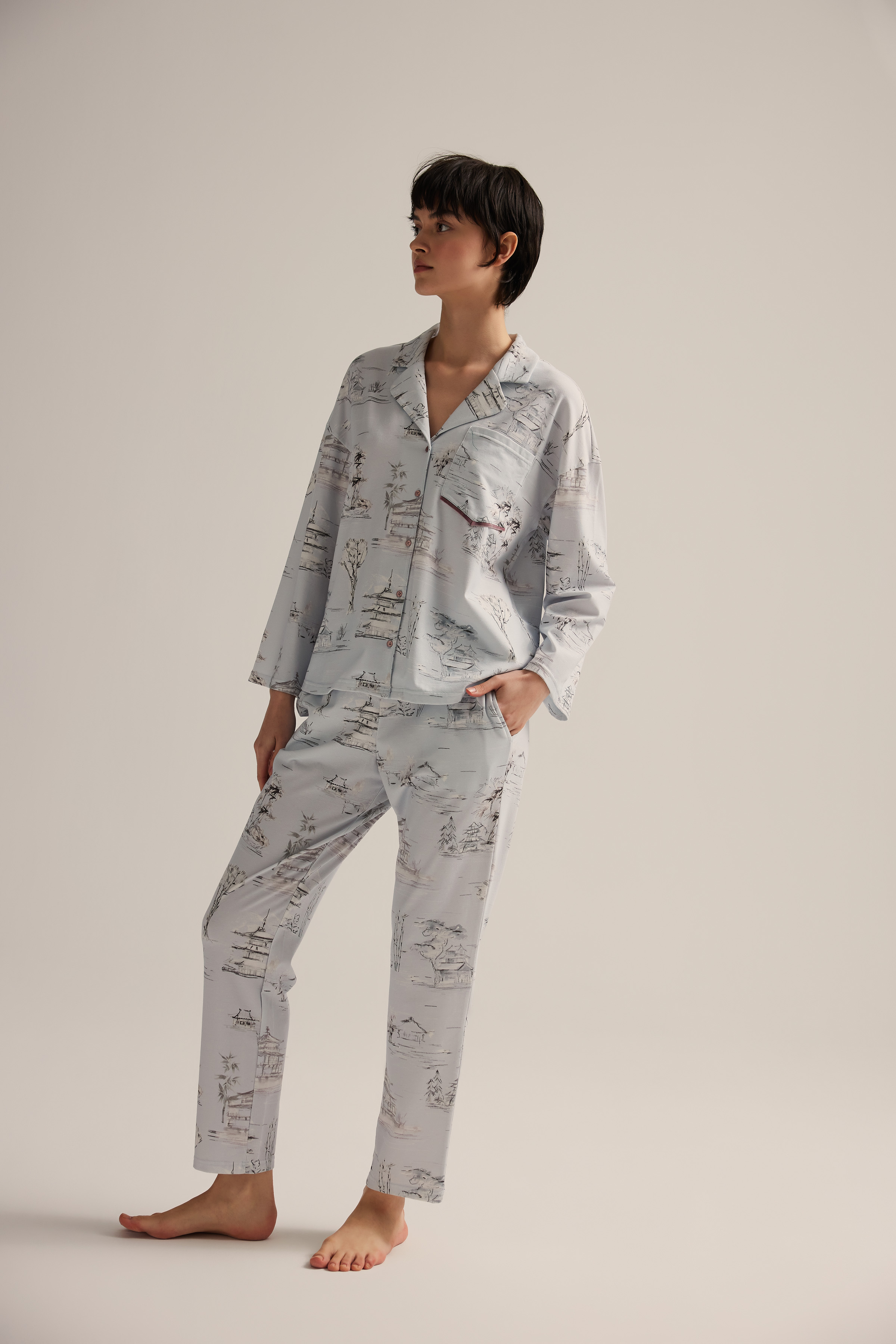 Kadın Pamuklu Uzun Kollu Gömlek Pijama Takımı
