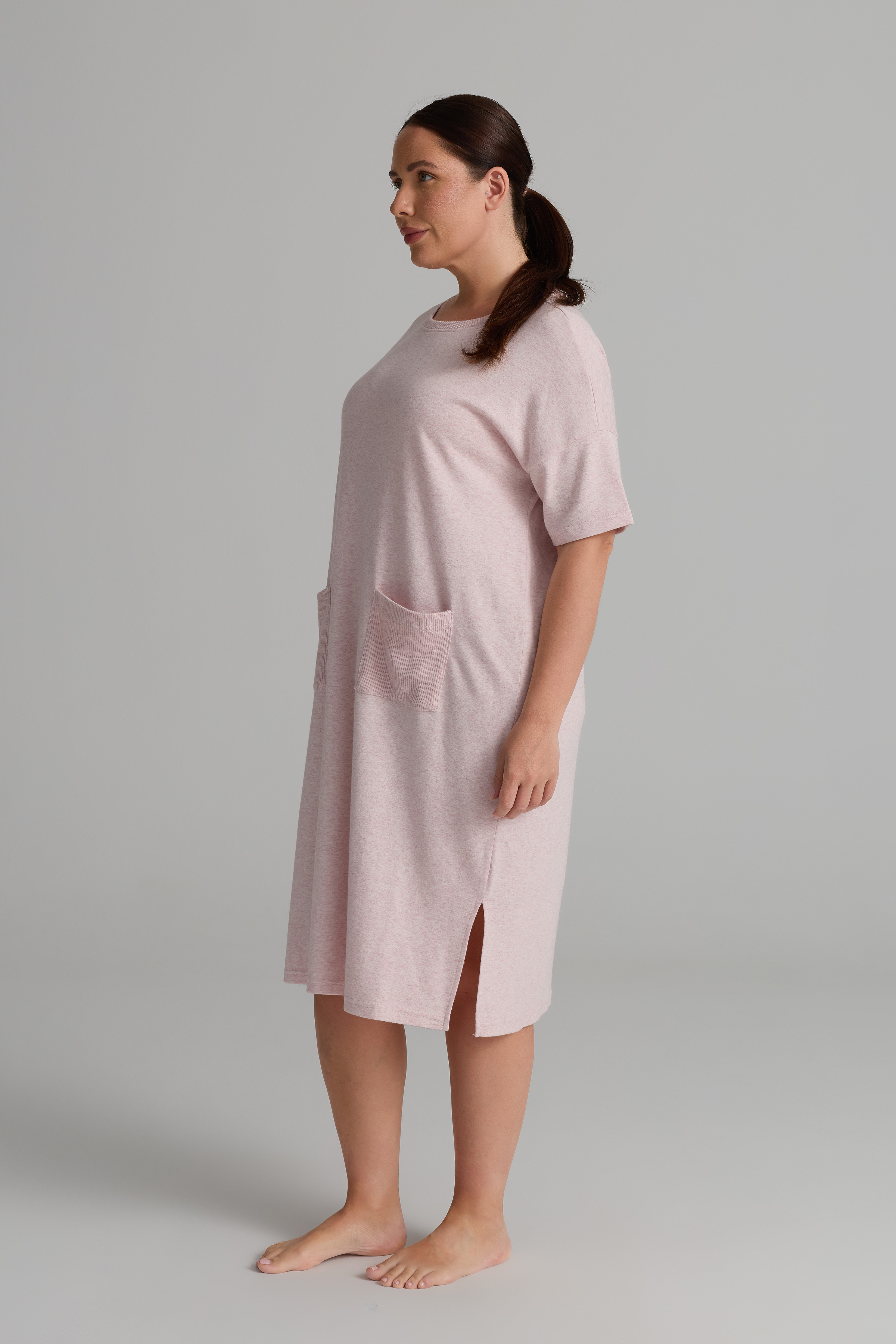 Kadın Plus Size Pamuklu Uzun Kollu Cepli Elbise