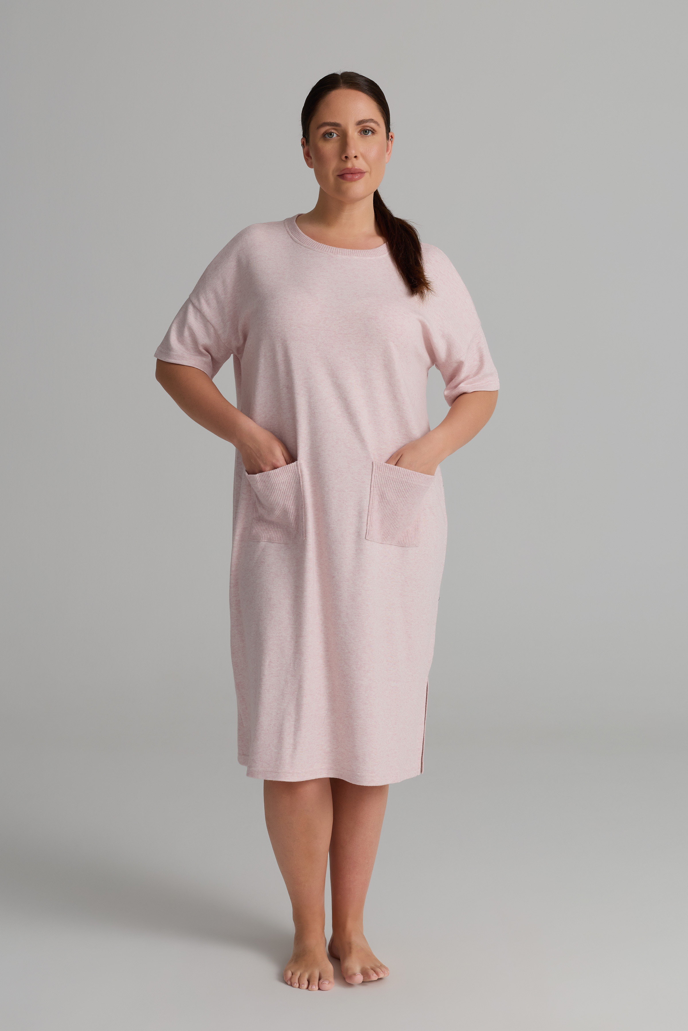 Kadın Plus Size Pamuklu Uzun Kollu Cepli Elbise