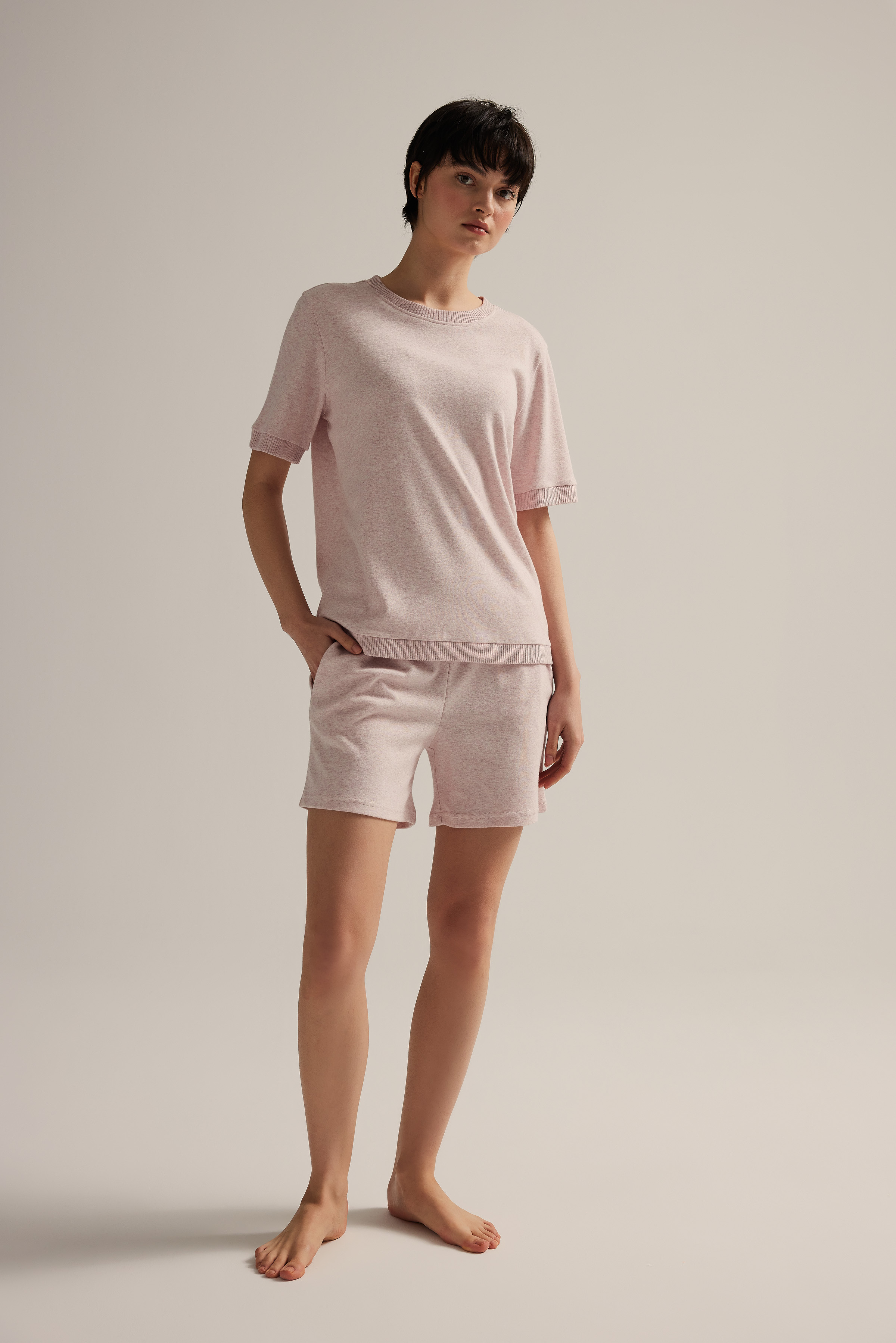 Kadın Pamuklu Örme Kısa Kollu Şortlu Takım