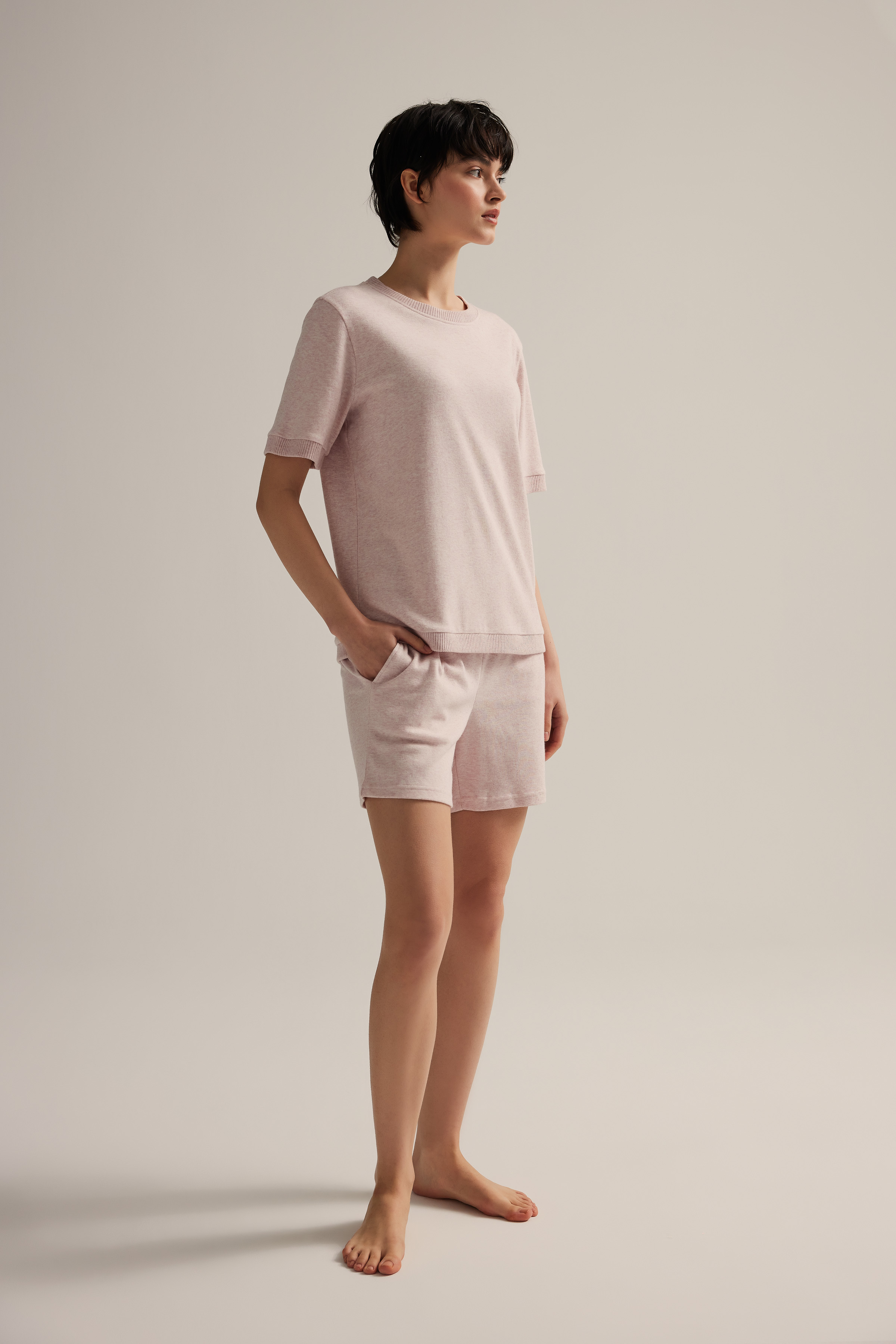 Kadın Pamuklu Örme Kısa Kollu Şortlu Takım