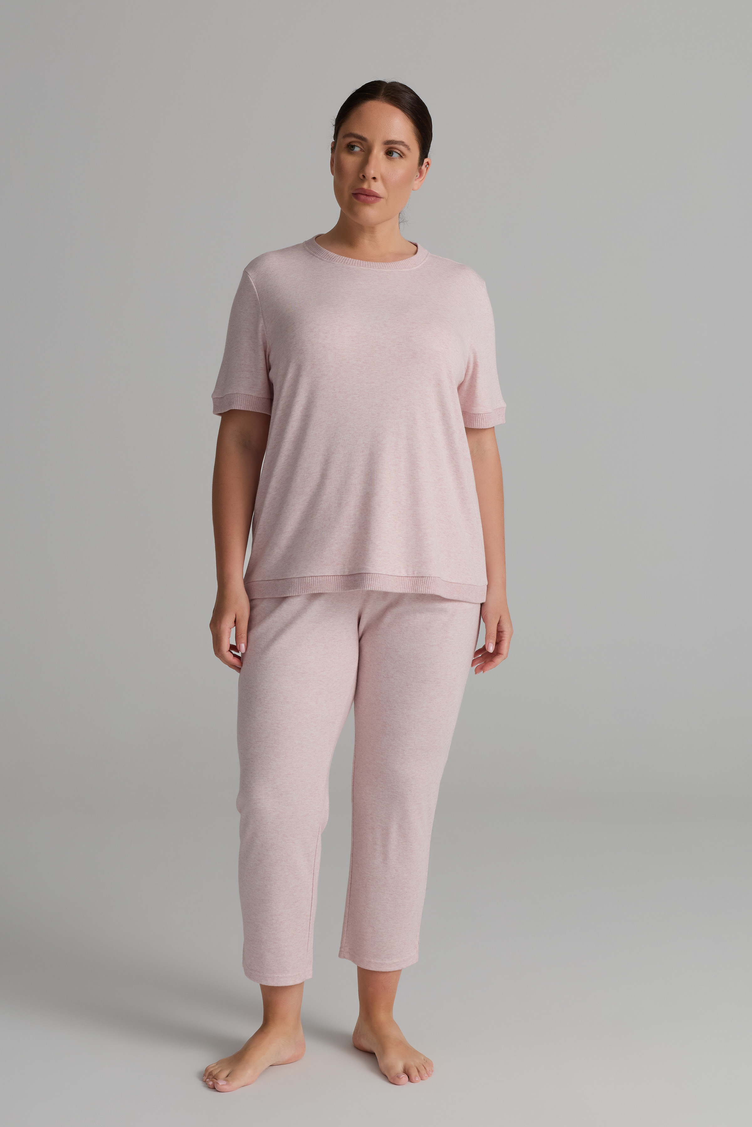 Kadın Plus Size Pamuklu Örme Kısa Kollu T-shirt Pantolon Takım