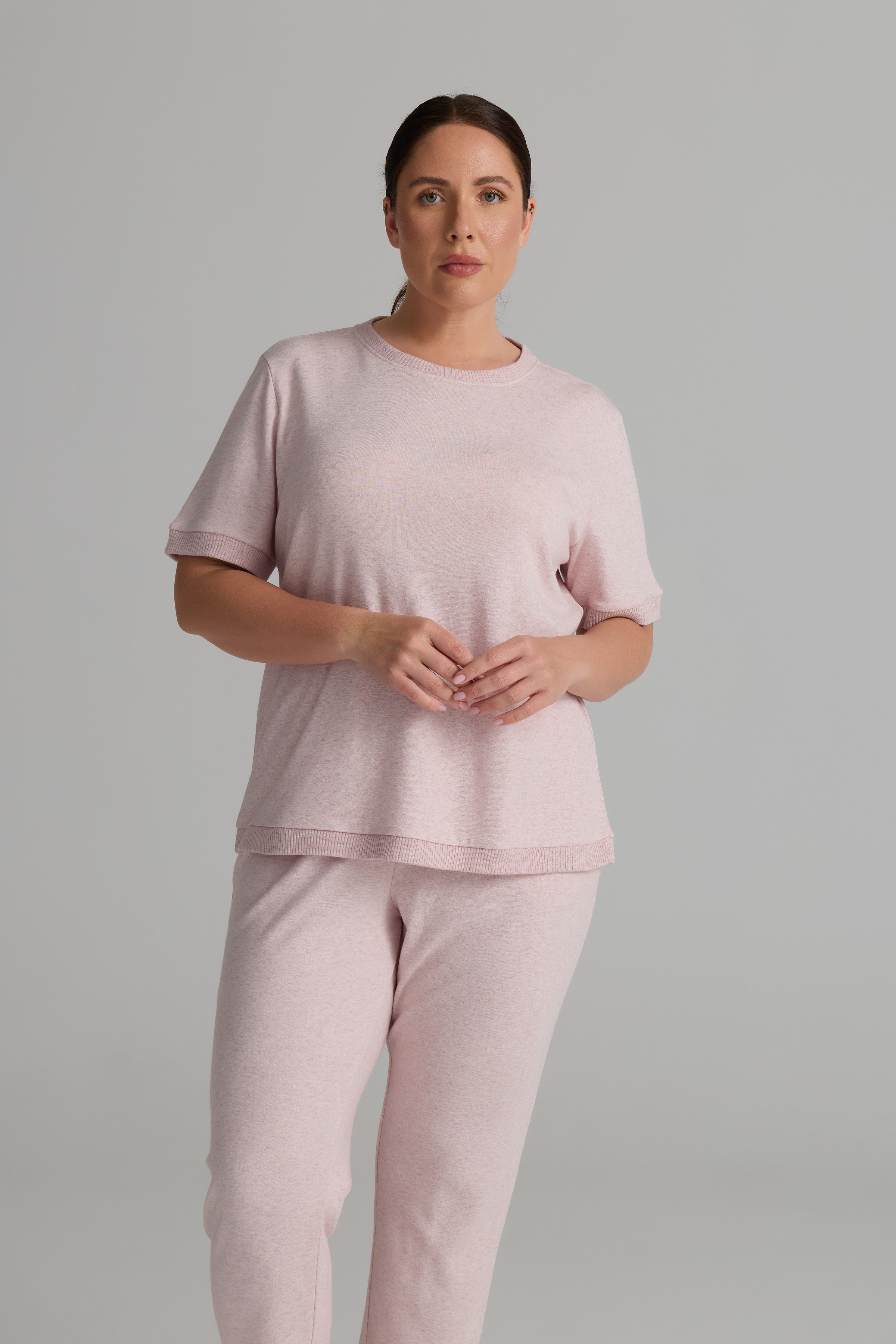 Kadın Plus Size Pamuklu Örme Kısa Kollu T-shirt Pantolon Takım