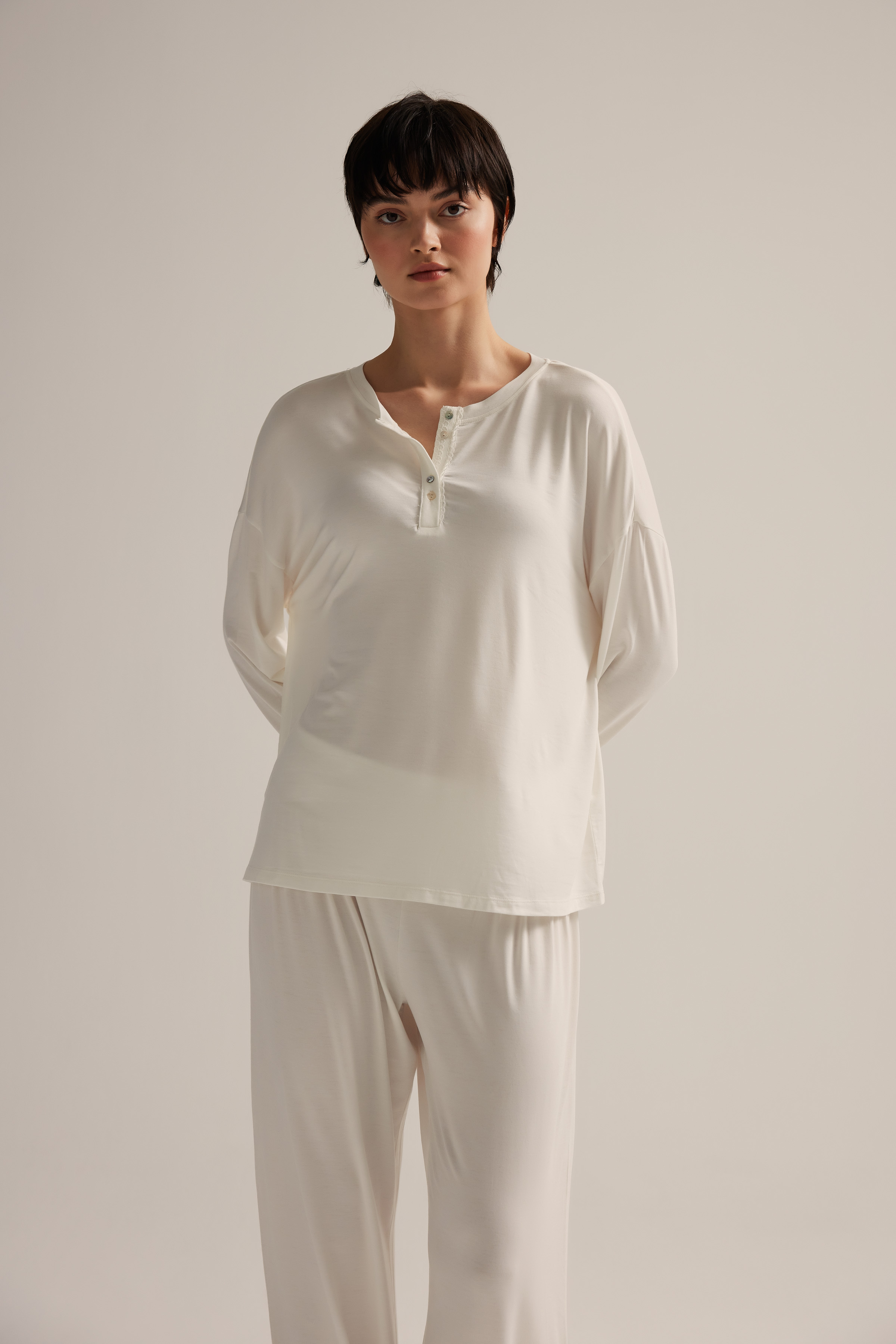 Kadın Viscose Dantel Detaylı Uzun Kollu Pijama Üstü