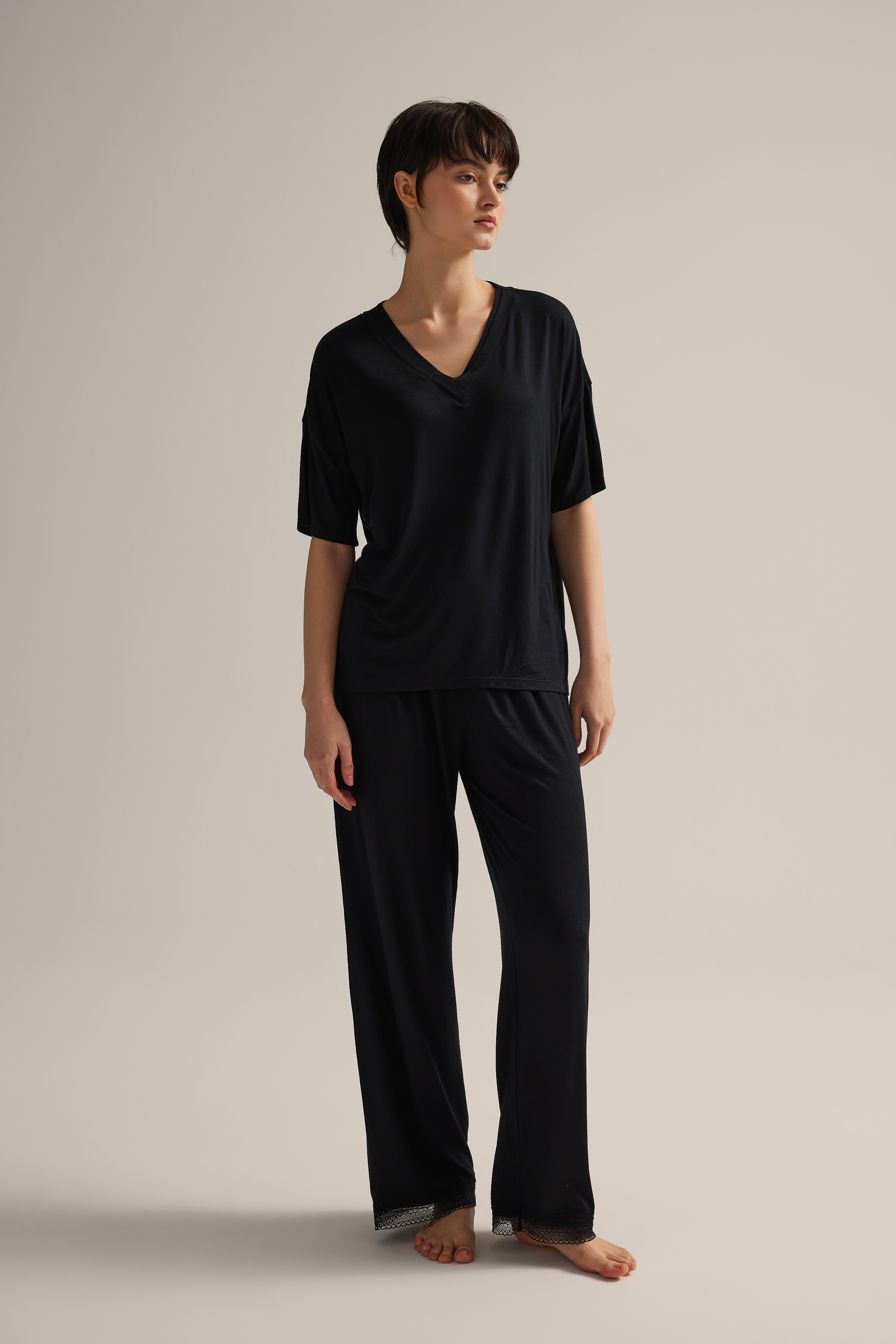 Kadın Viskon Kısa Kollu V Yaka Uzun Pijama Takımı