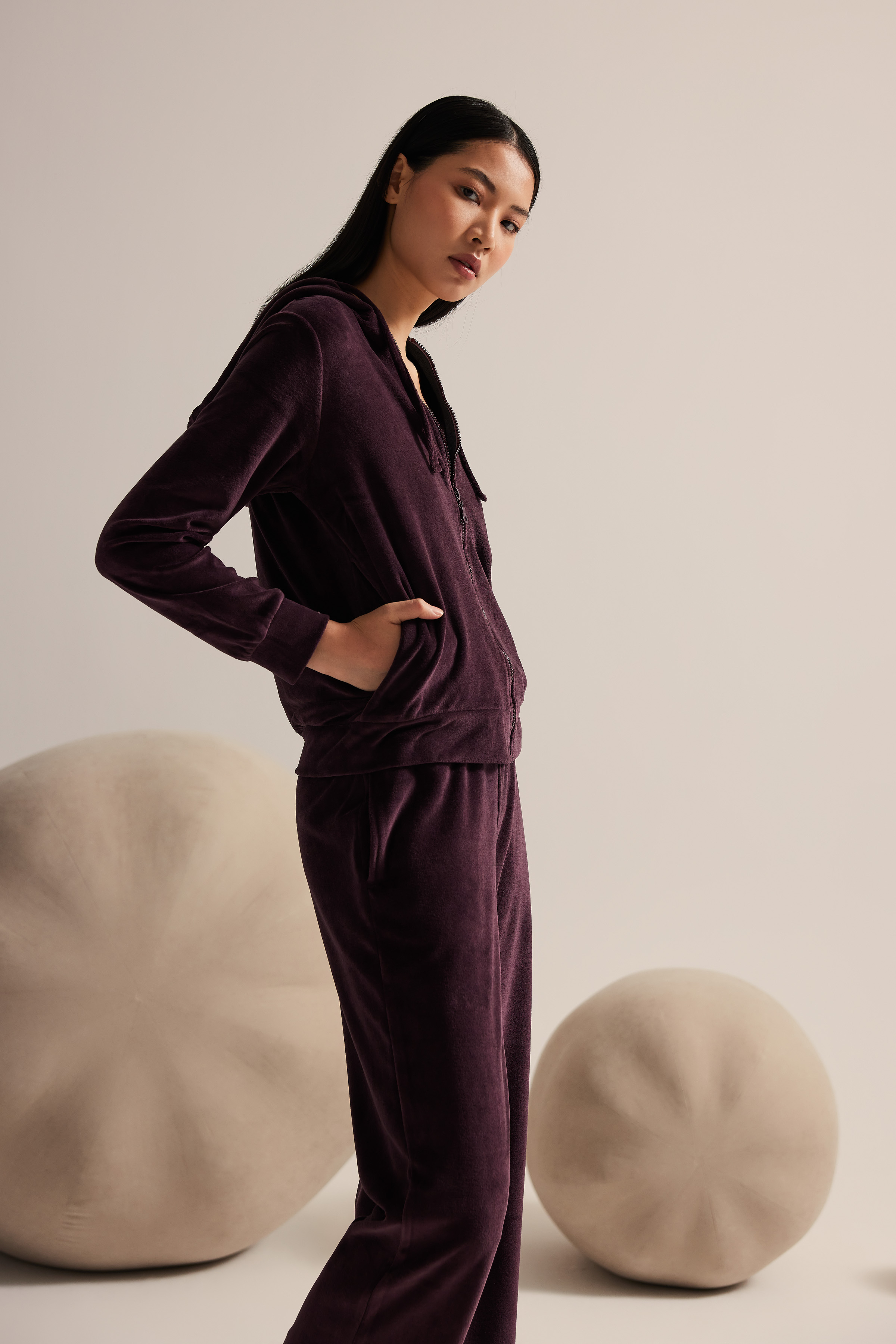 Kadın Modal Kadife Kapüşonlu Üç Parça Uzun Eşofman Takımı