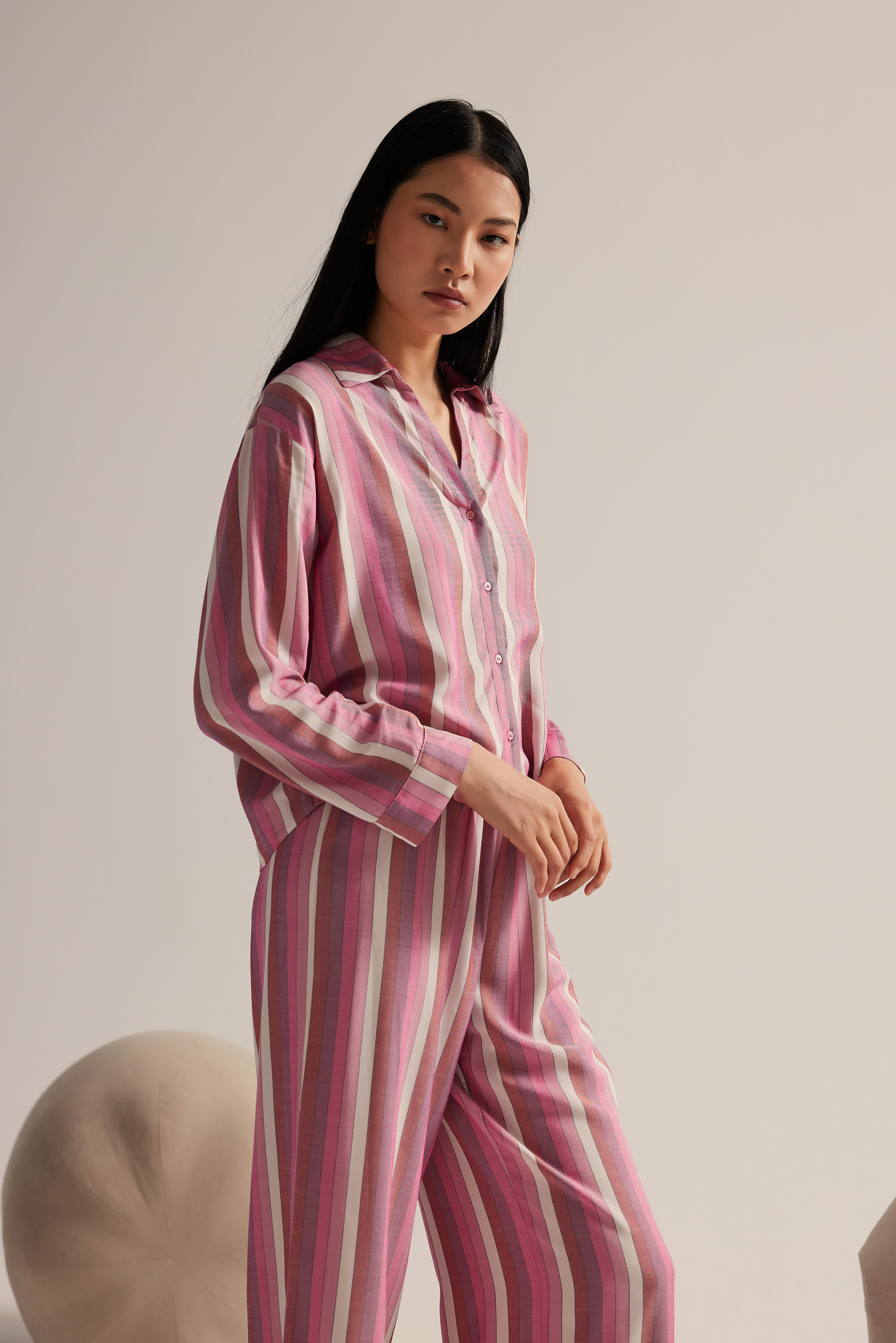 Kadın Dokuma Uzun Kollu Gömlek Pijama Üstü