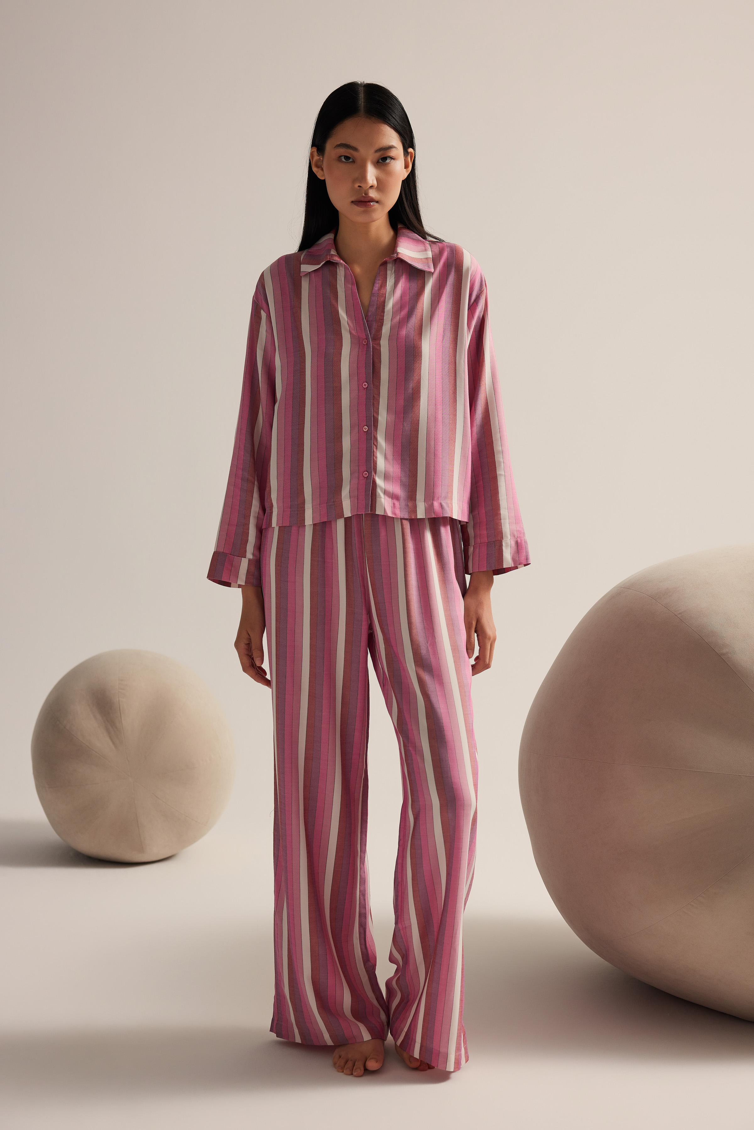 Kadın Dokuma Uzun Kollu Gömlek Pantolon Pijama Takımı