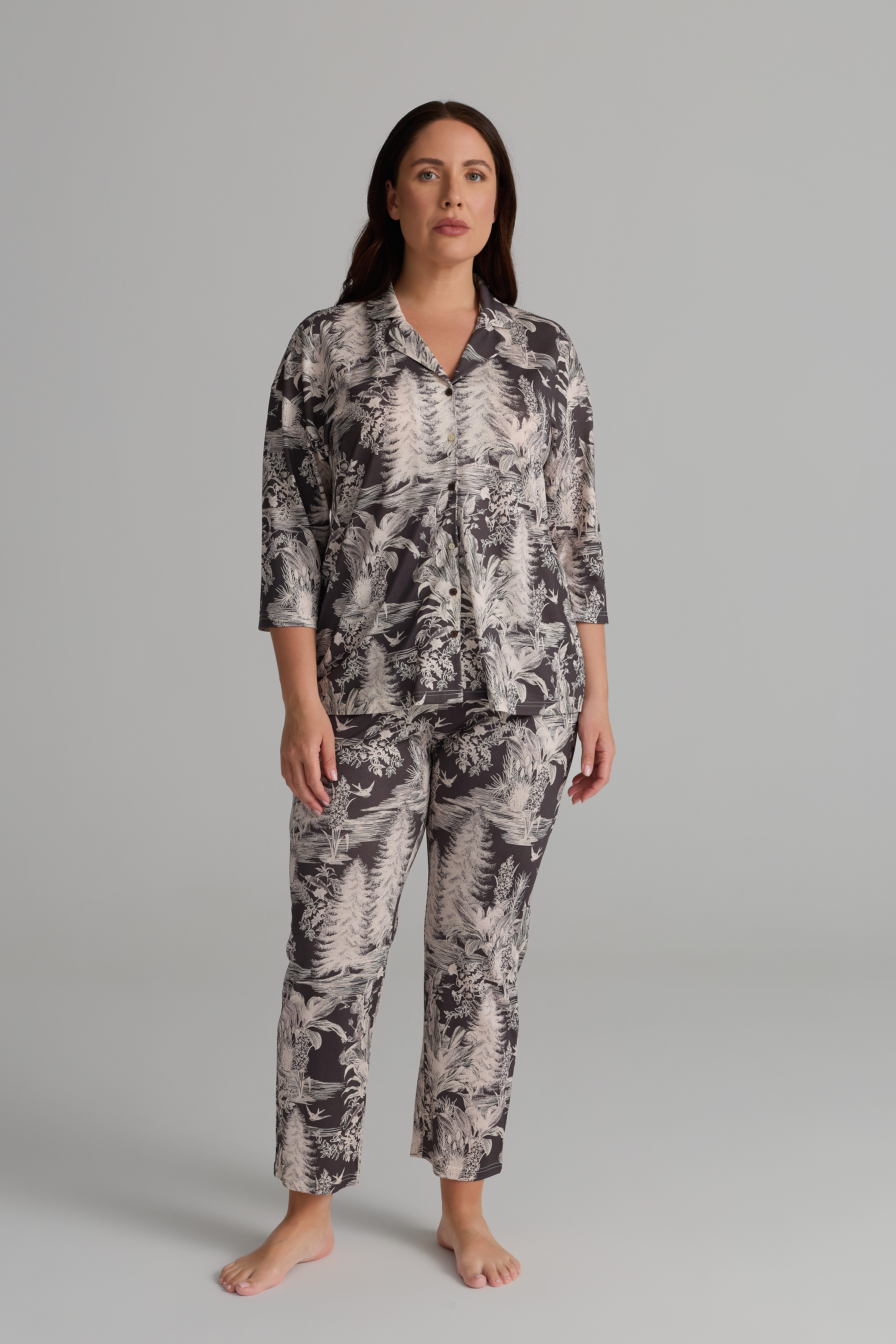Kadın Plus Size Viskon Uzun Kollu Gömlek Pijama Takımı