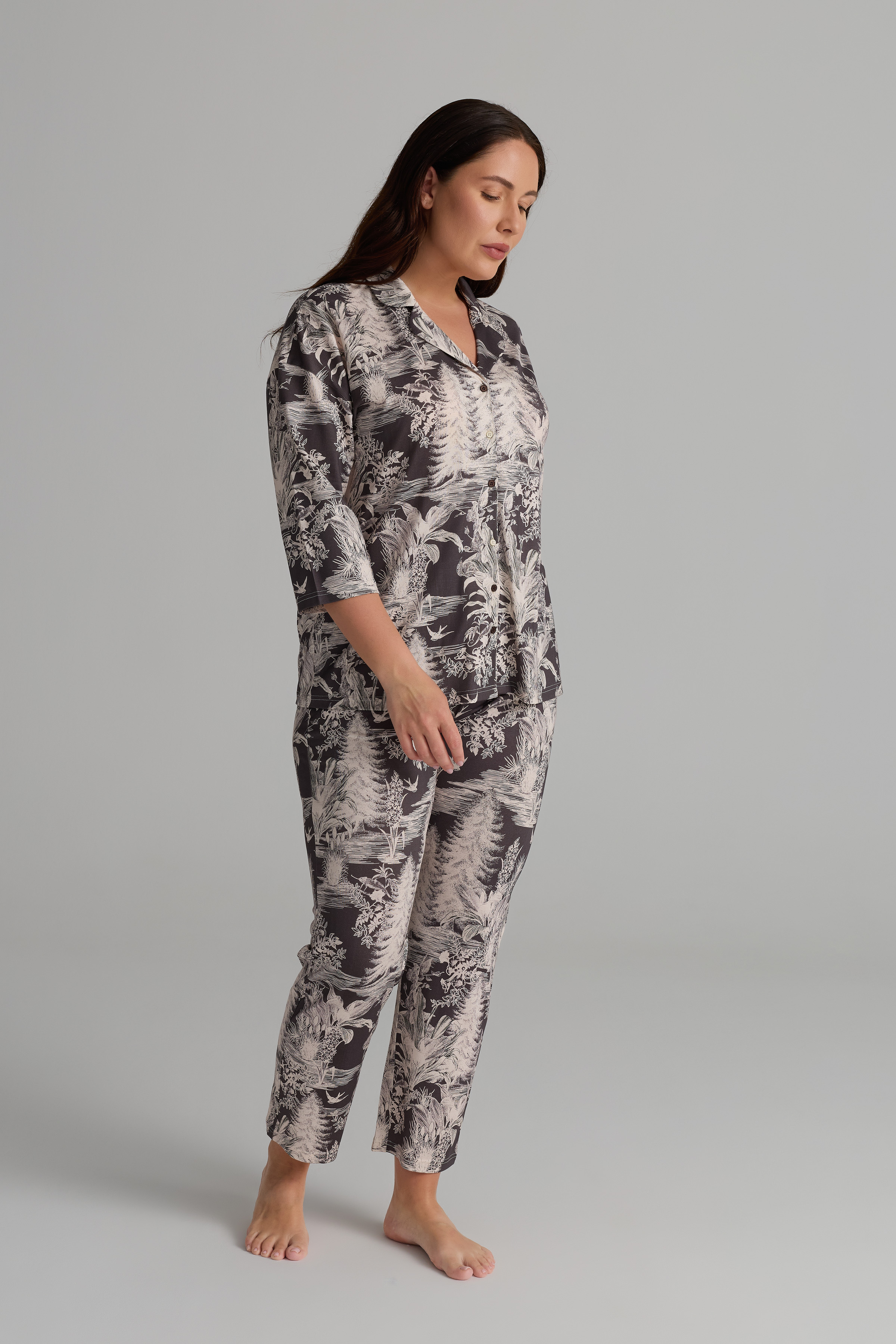 Kadın Plus Size Viskon Uzun Kollu Gömlek Pijama Takımı