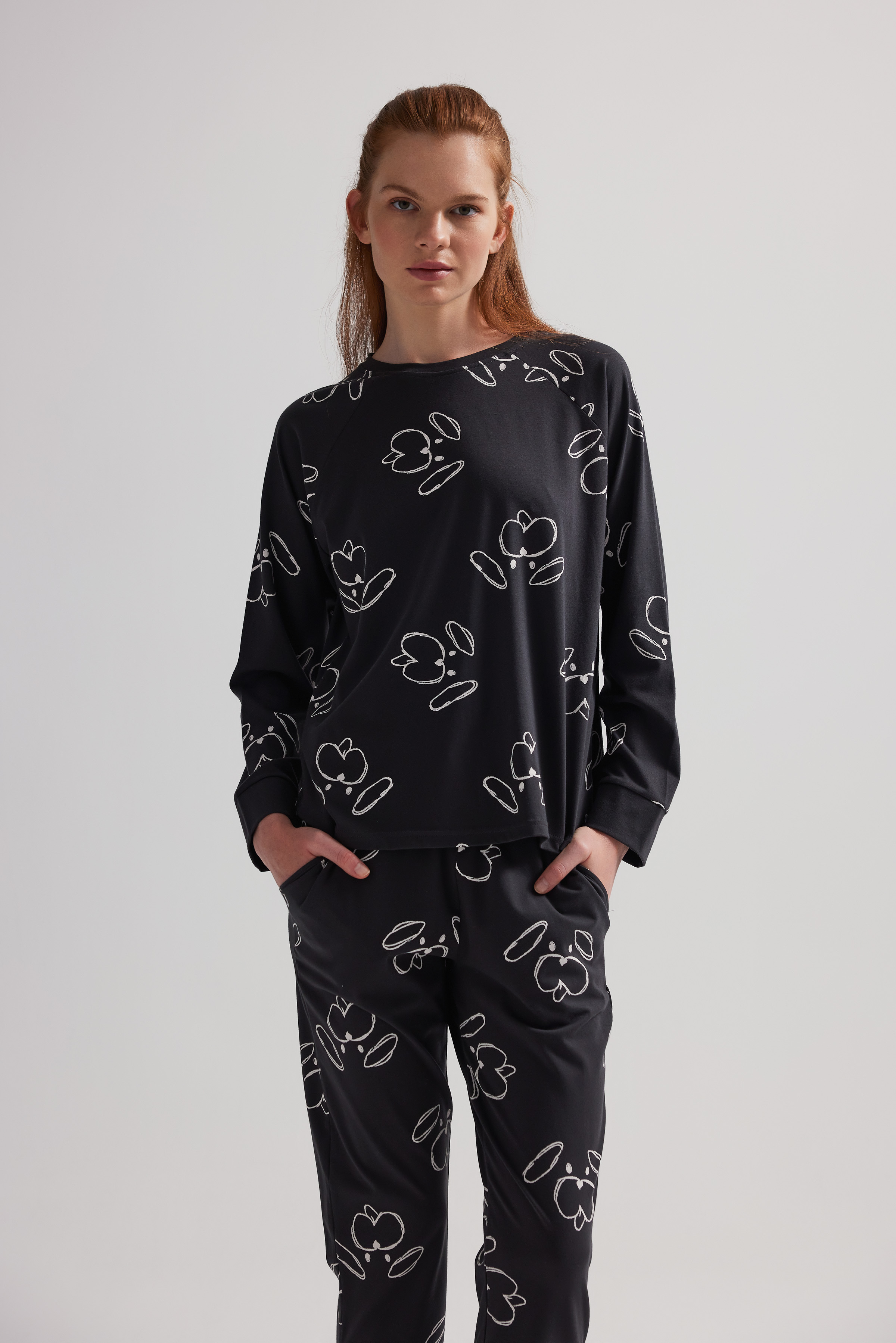 Kadın Pamuklu Reglan Uzun Kollu Pijama Üstü