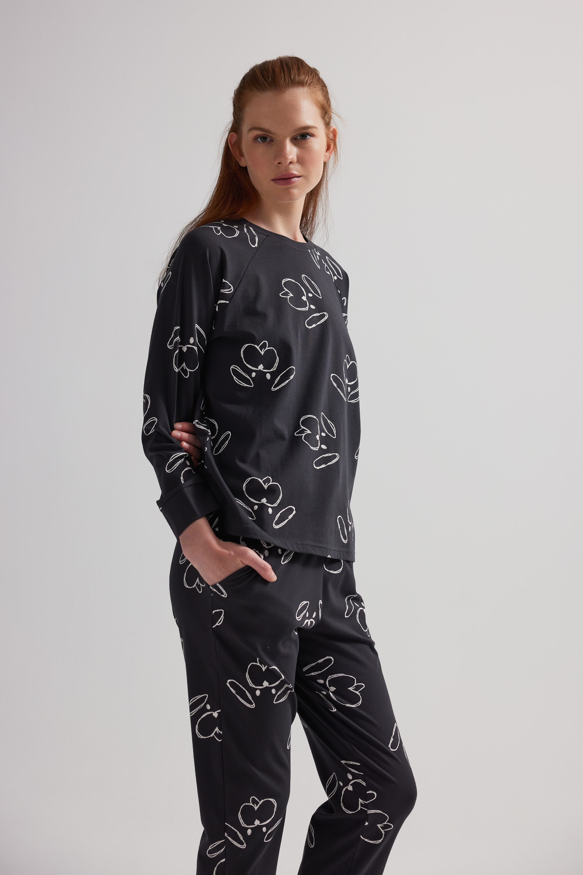 Kadın Pamuklu Reglan Uzun Kollu Pijama Üstü